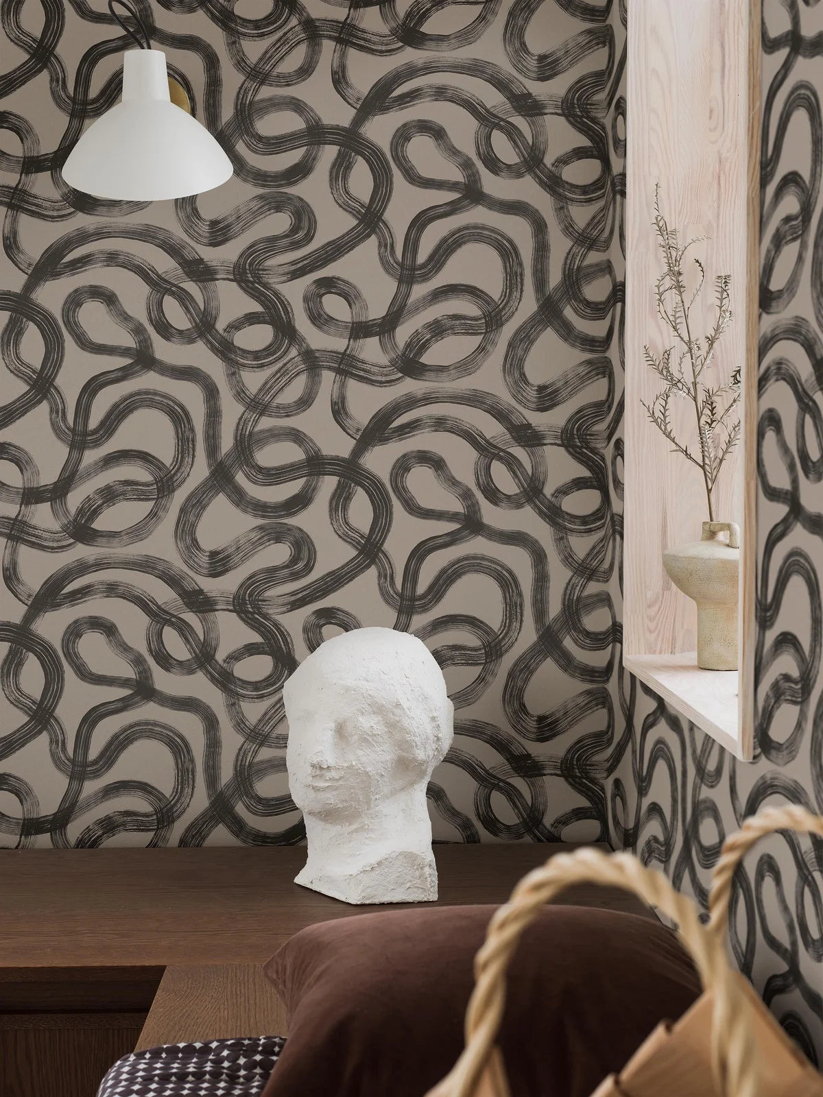 Non-woven paper wallpaper with abstract CURVE pattern in brown