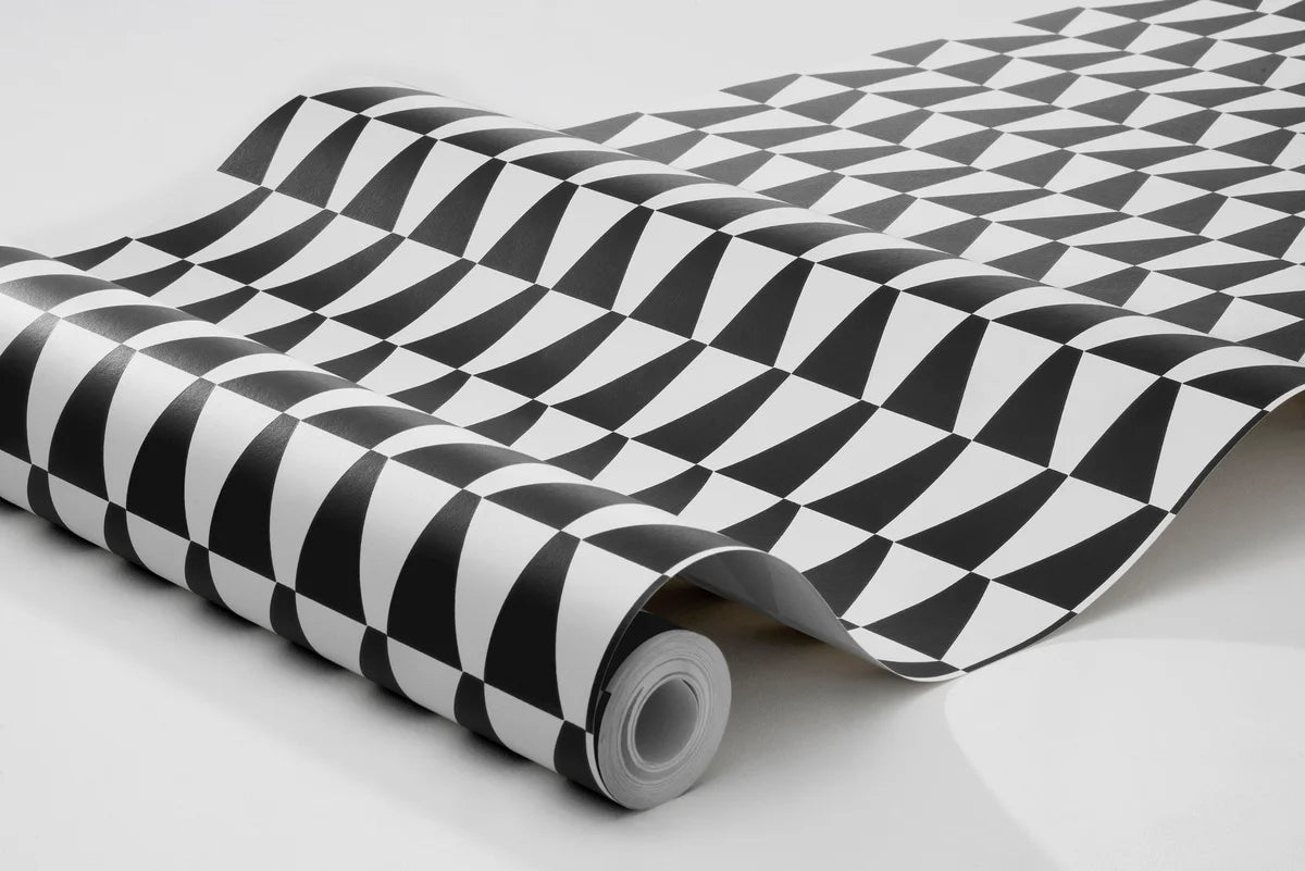 Non-woven paper wallpaper with geometric TRAPEZ pattern in black and white