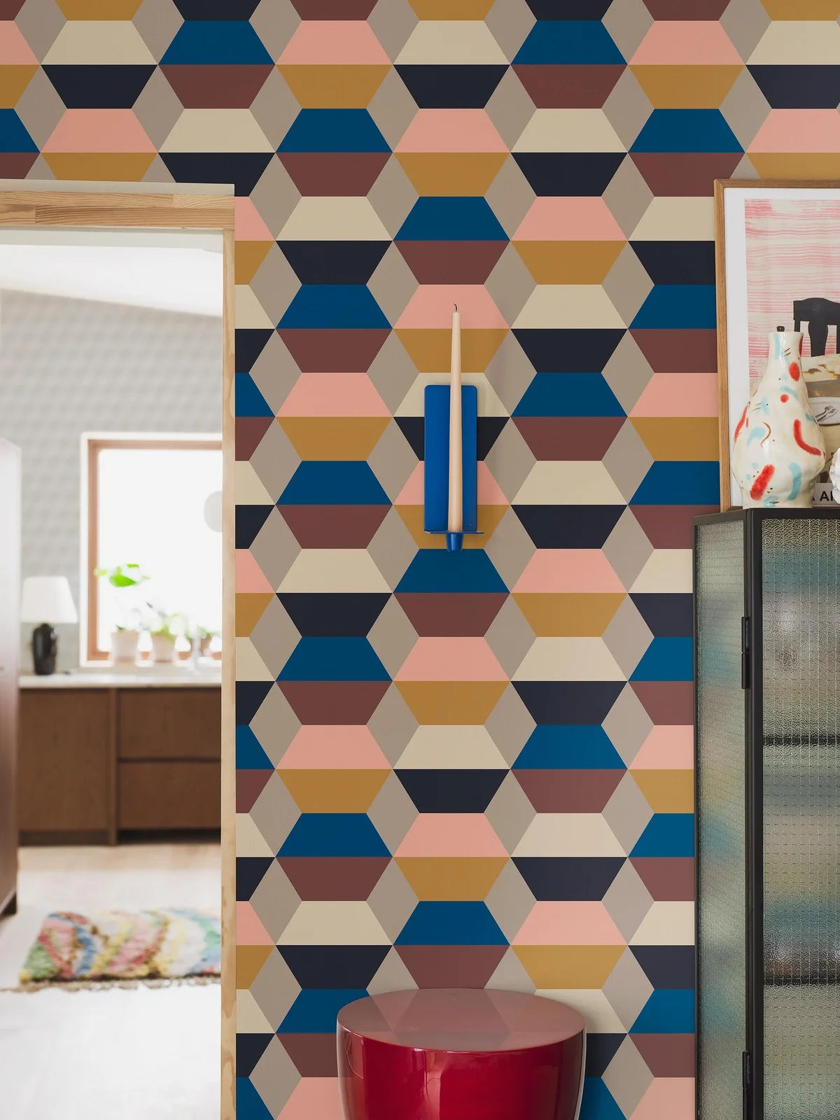 Non-woven paper wallpaper with a geometric pattern PRISMA light multicolored
