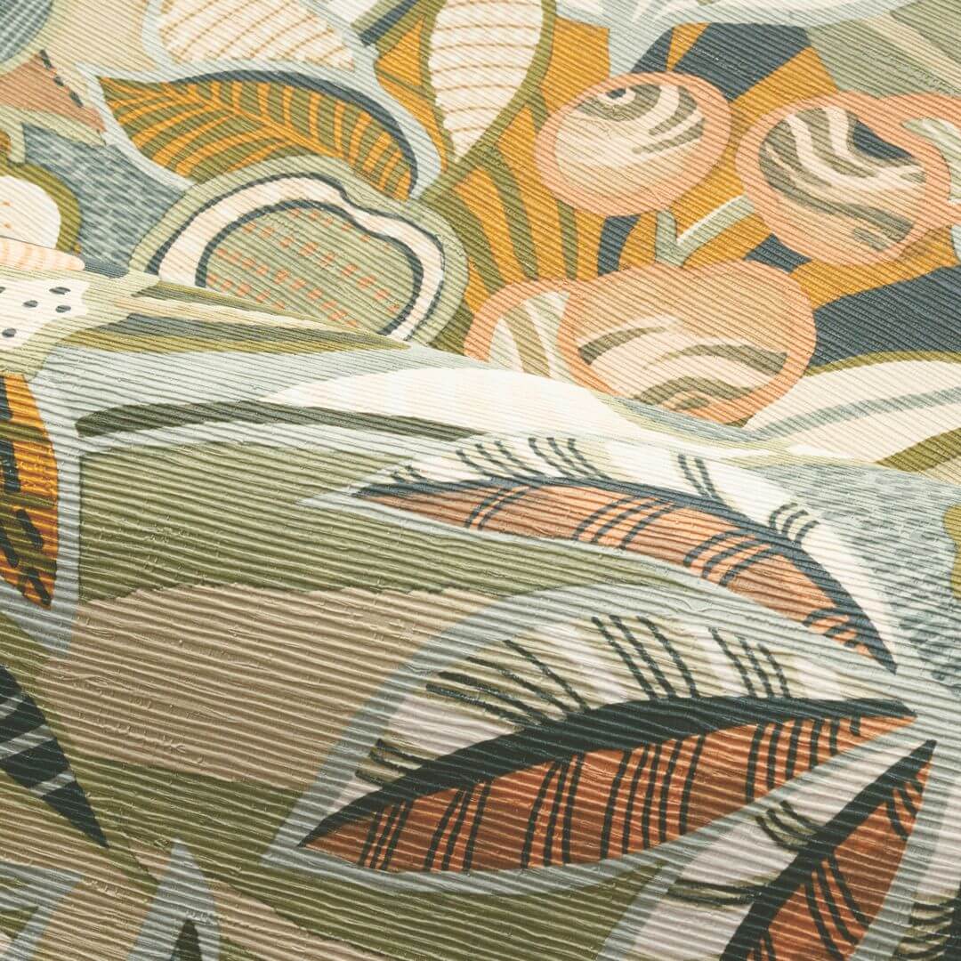 Structural wallpaper with a plant motif of leaves and flowers TEHUANA - CÉLADON/AMANDE mint green with almond