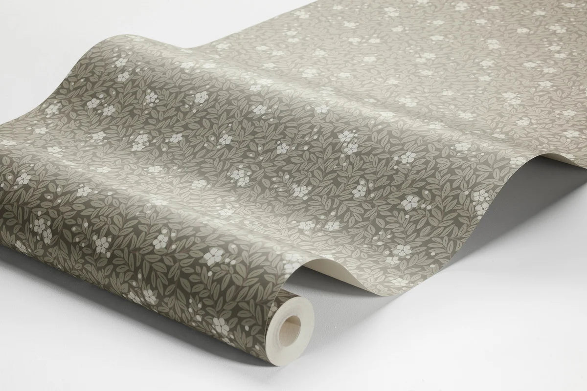 Brown MYRTEN wallpaper with a floral pattern of flowers and leaves in white