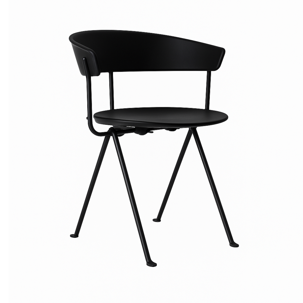 Stuhl OFFICINA mit metallischem Gestell und schwarzem Ledersitz