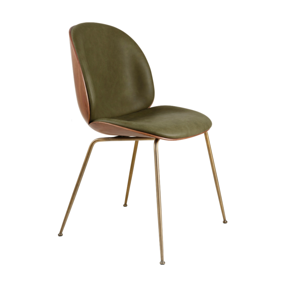 Polsterstuhl BEETLE mit Nussbaumholz und messingfarbenem Gestell