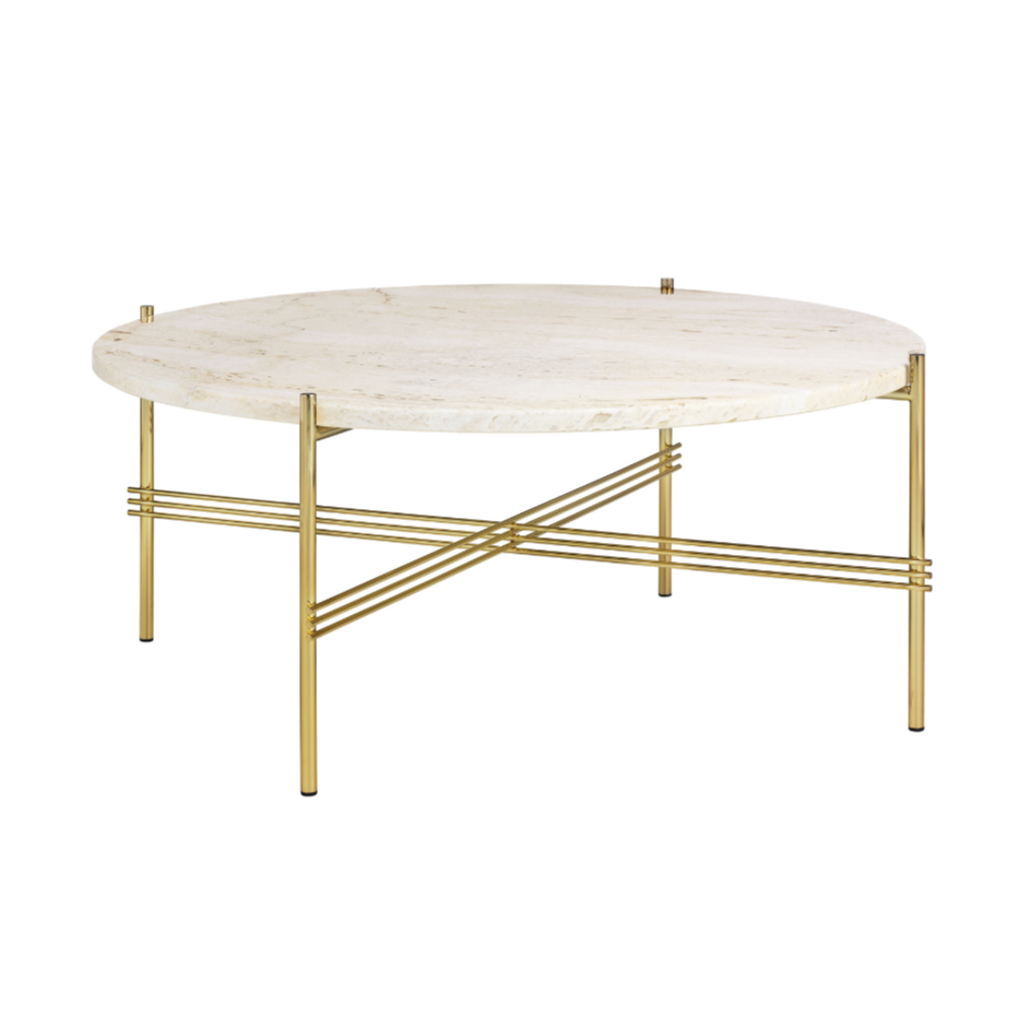 Round coffee table TS cream travertine with a gold base