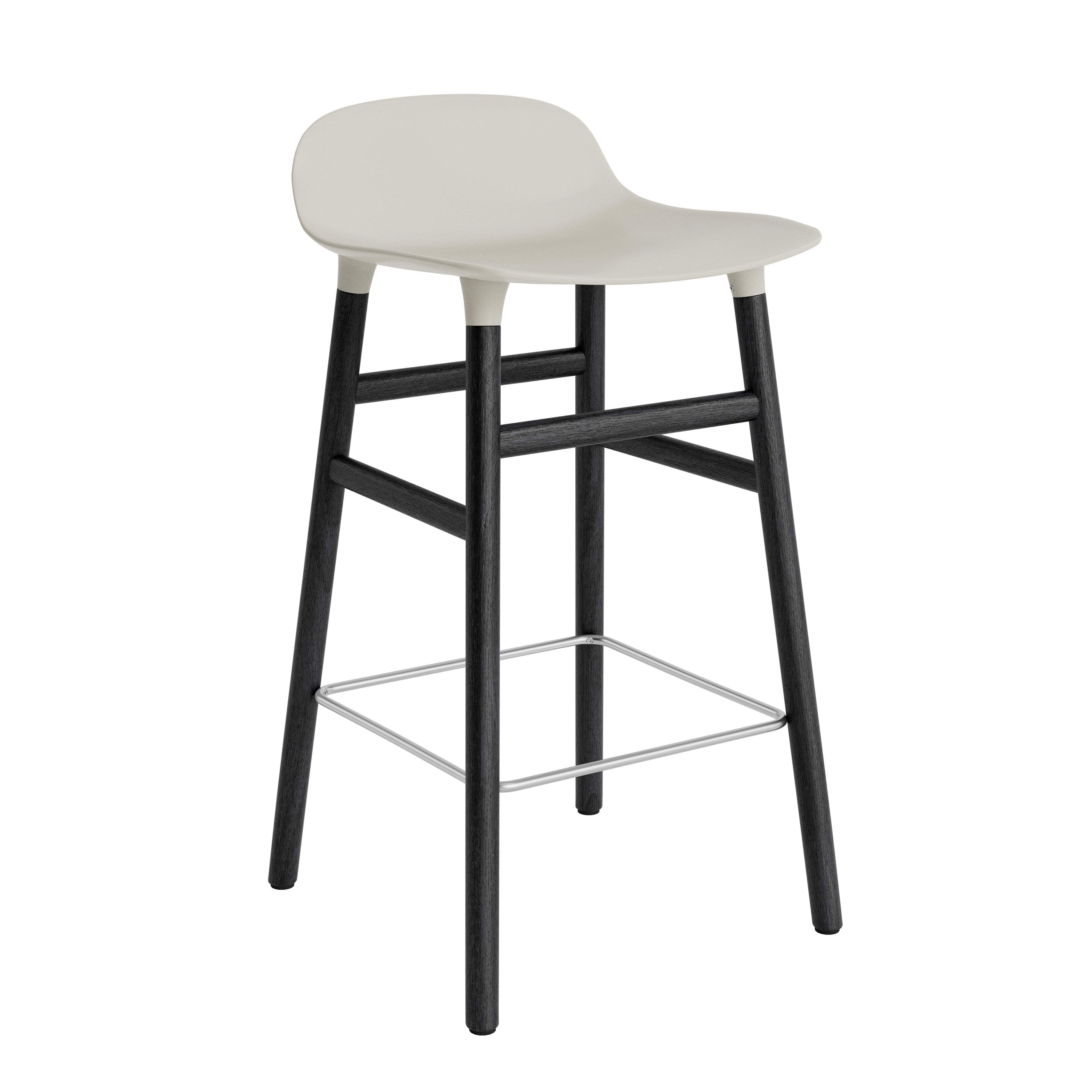 Hocker forms of light gray with a black oak base