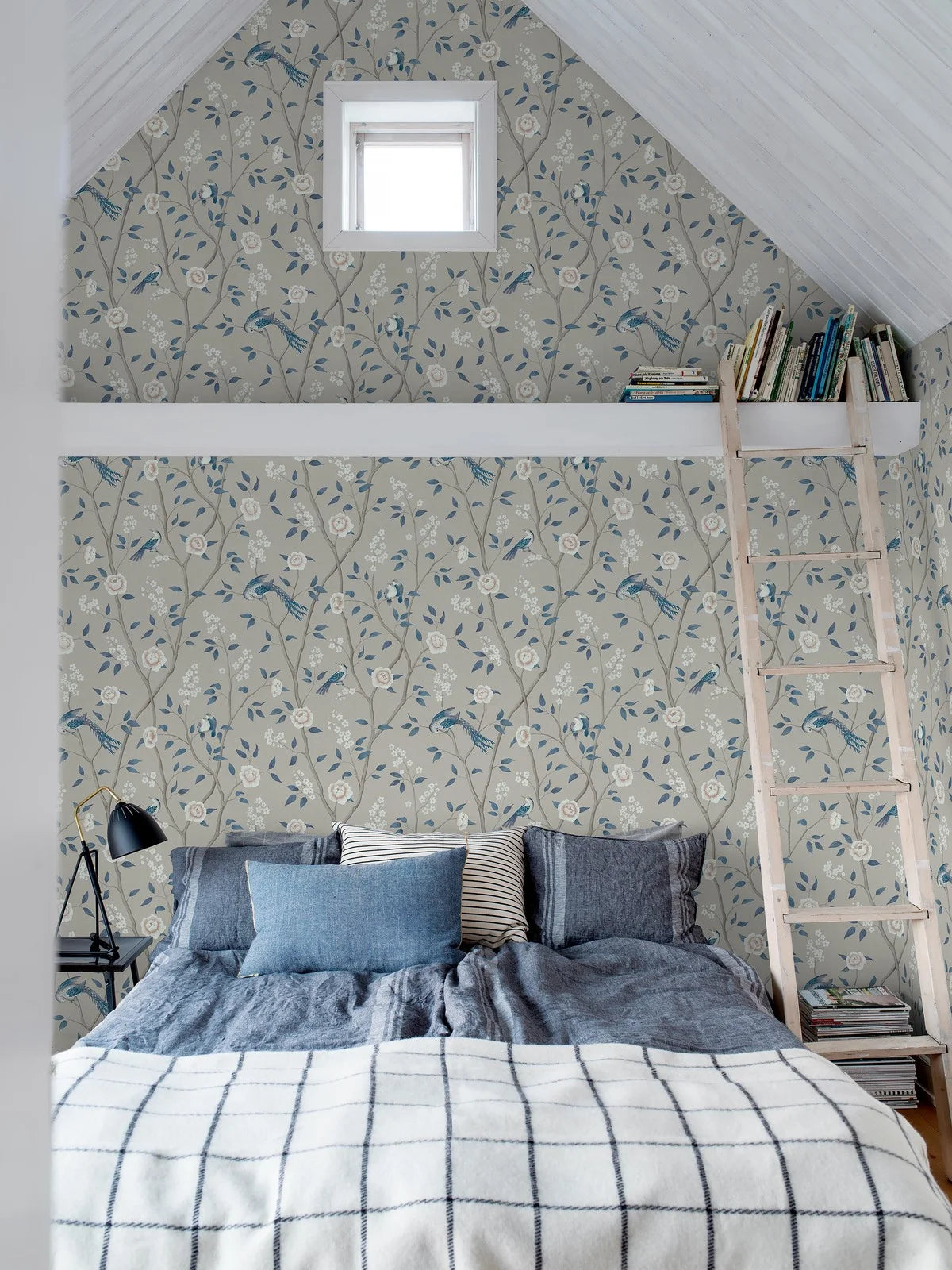 Non-woven paper wallpaper with a botanical pattern PARADISE BIRDS dark beige with blue