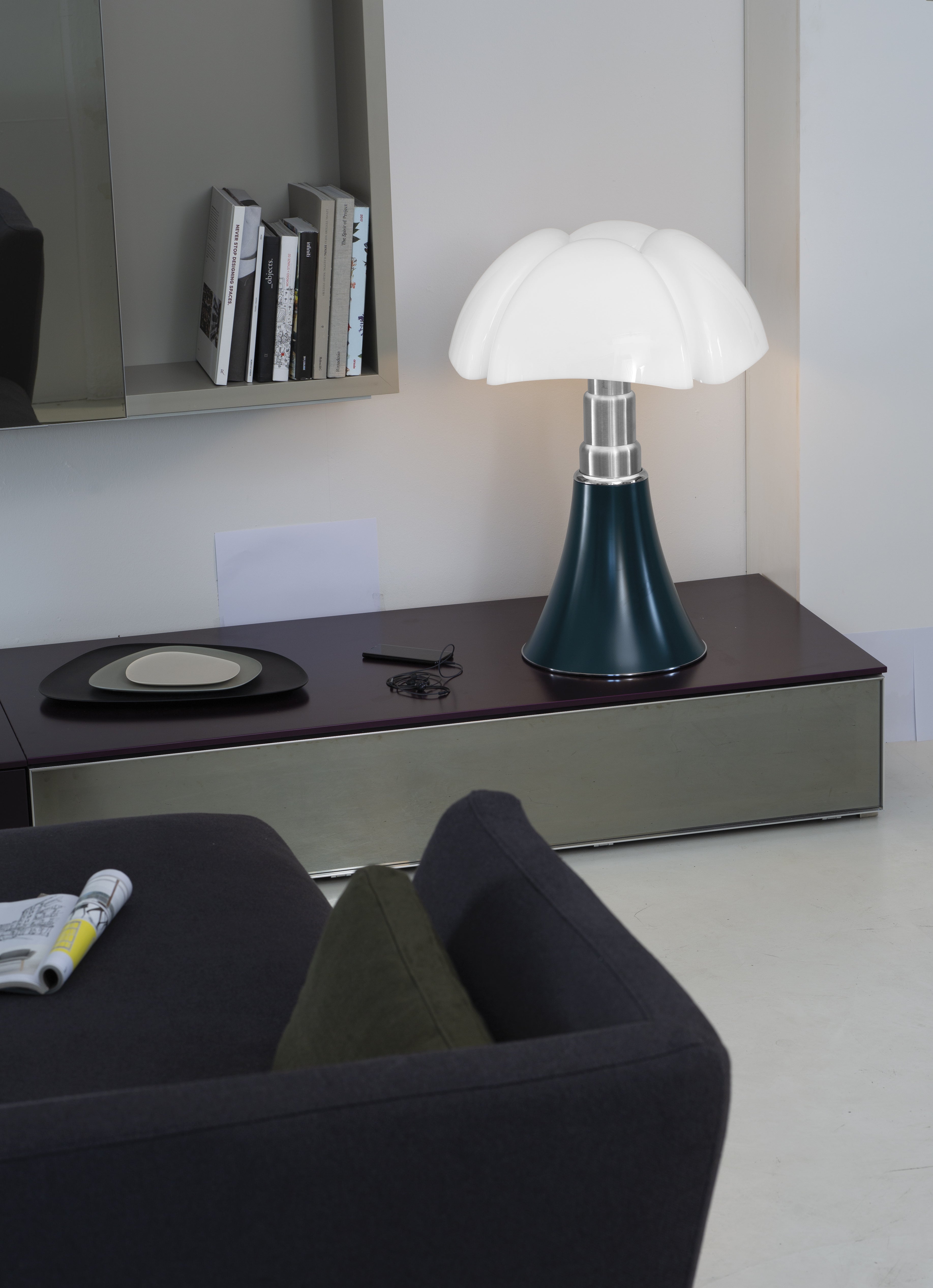 Pipistrello Medium Table Lamp with Opal Shade and Dark Green Base
