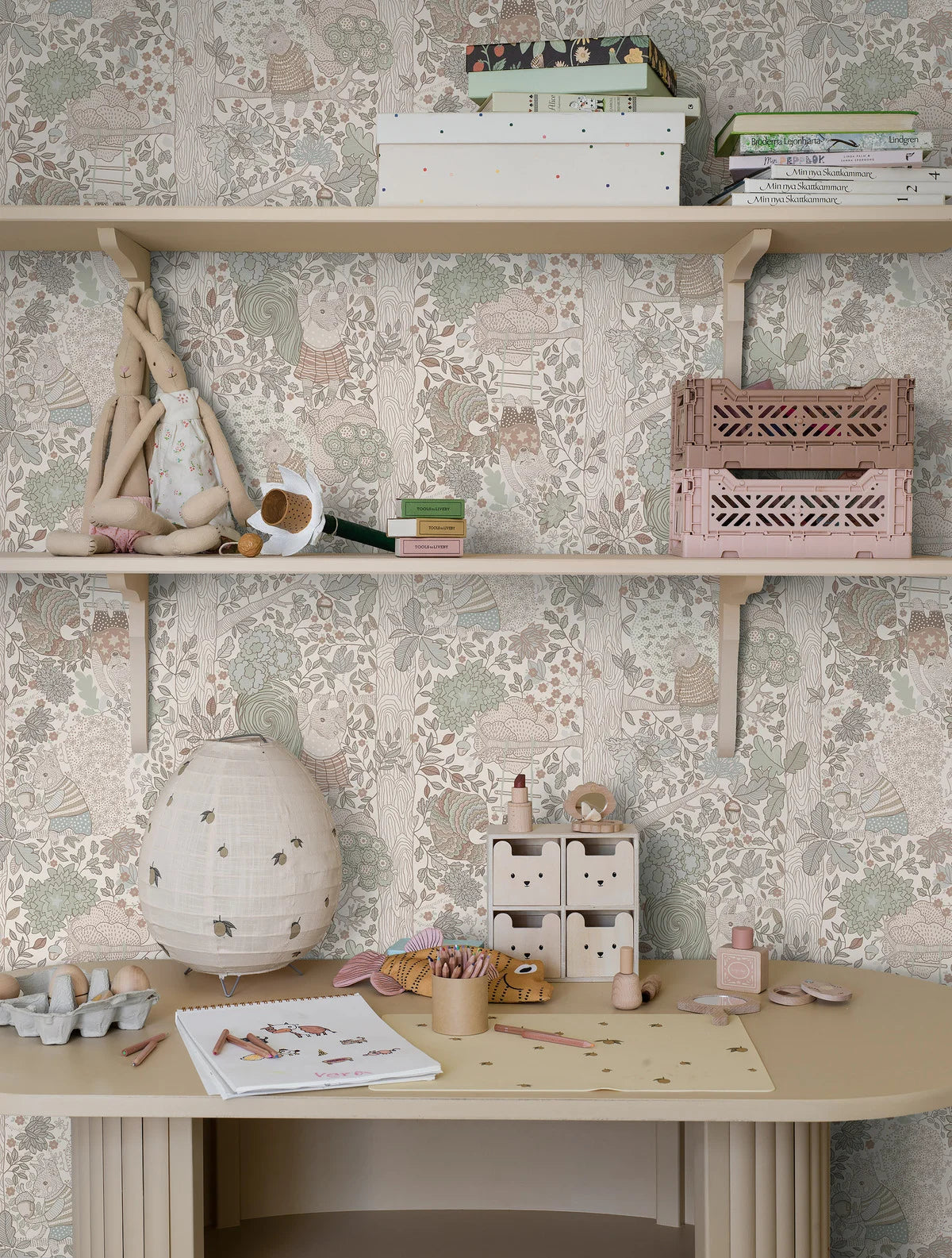 Children's wallpaper with a fairytale forest theme CHARLIE cream with green