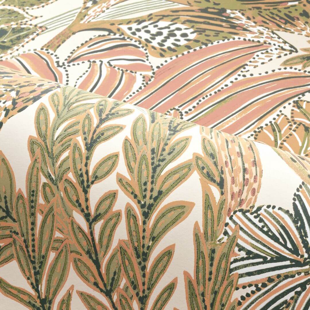 Tapete mit tropischem Blattmuster BORROMMEE - IVORY/BLUSH Elfenbein mit Rosa