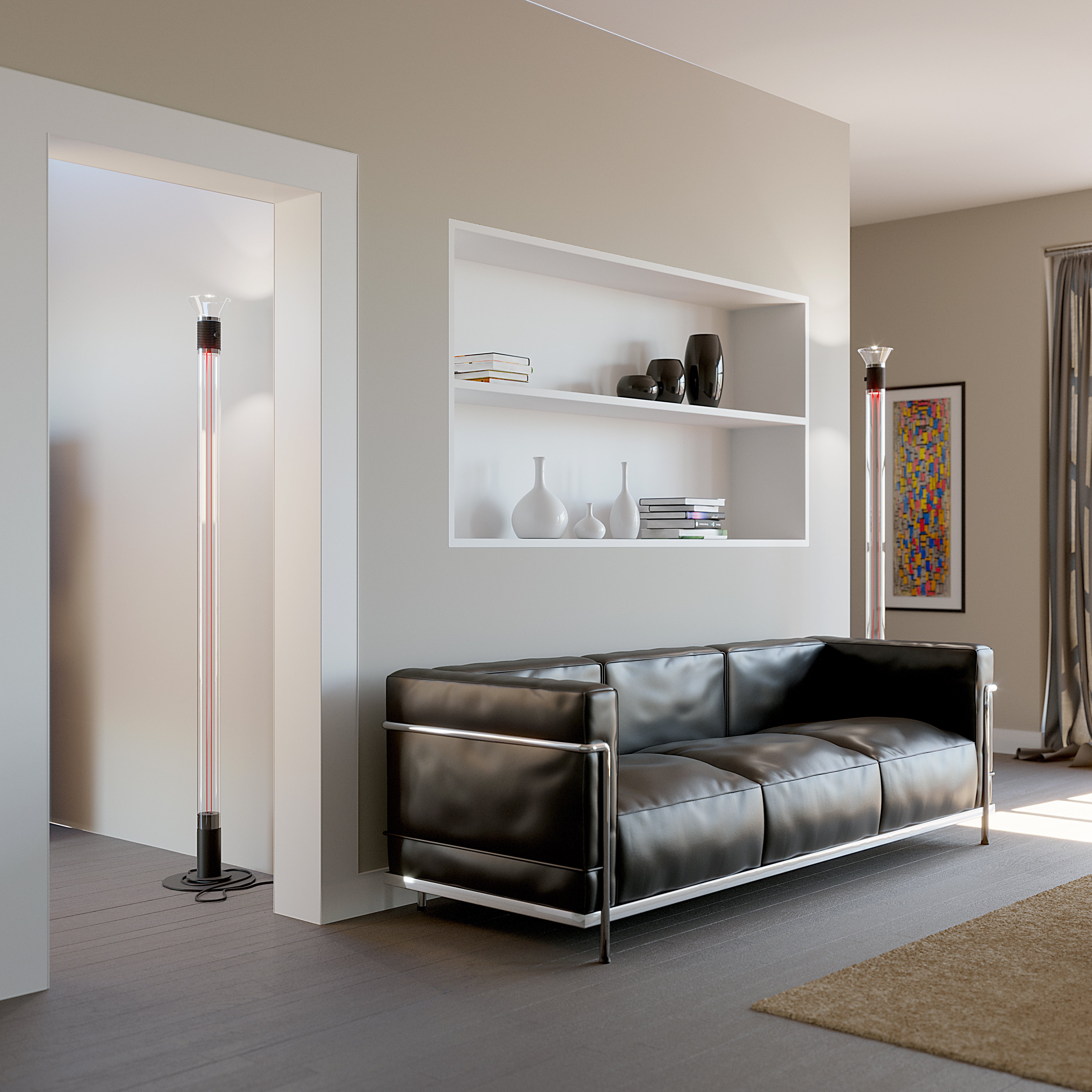 Stehlampe DIA transparent mit mattschwarzen Elementen