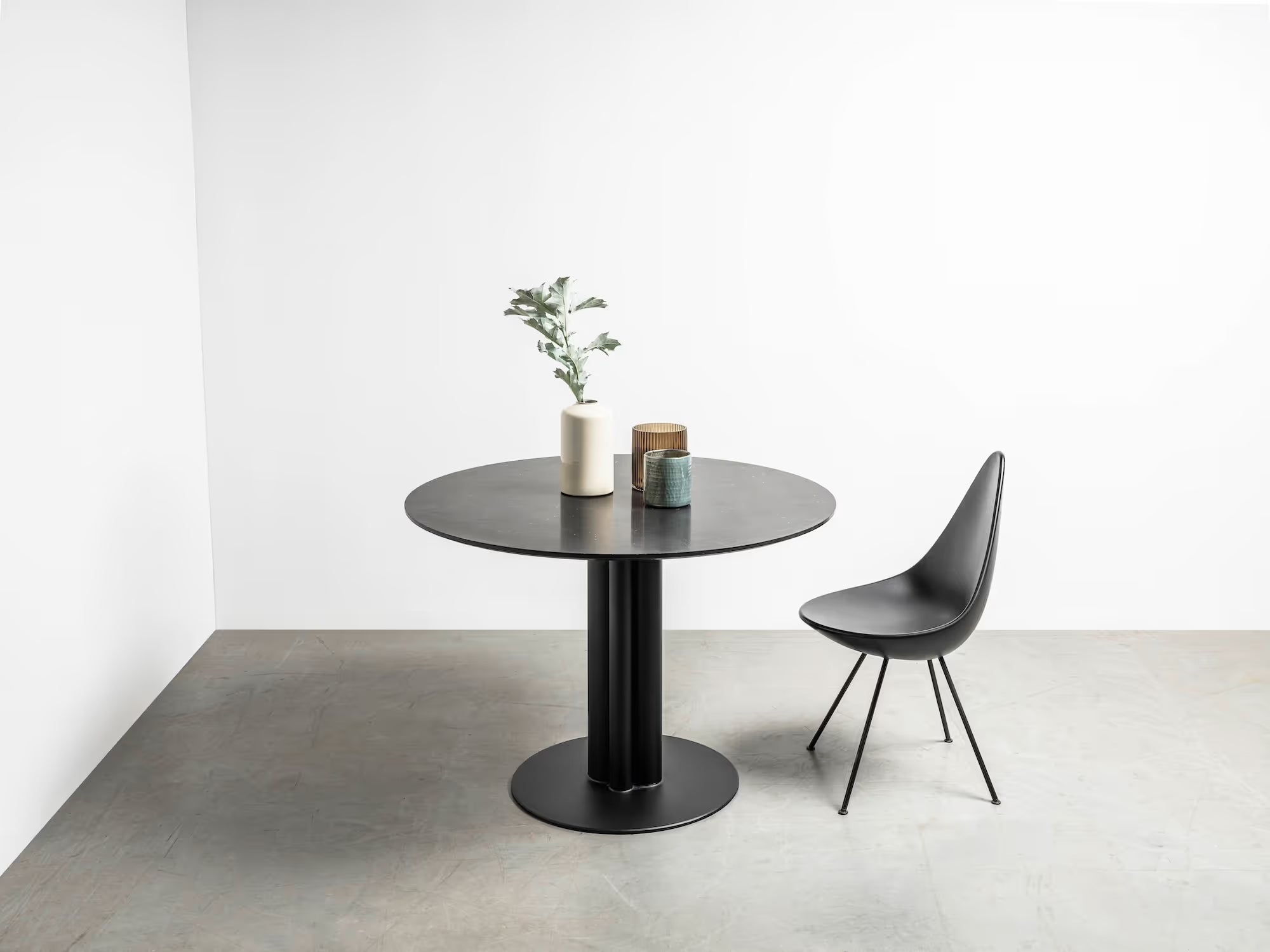 Round MOON Table with Brushed Marble Top and Black Steel Base