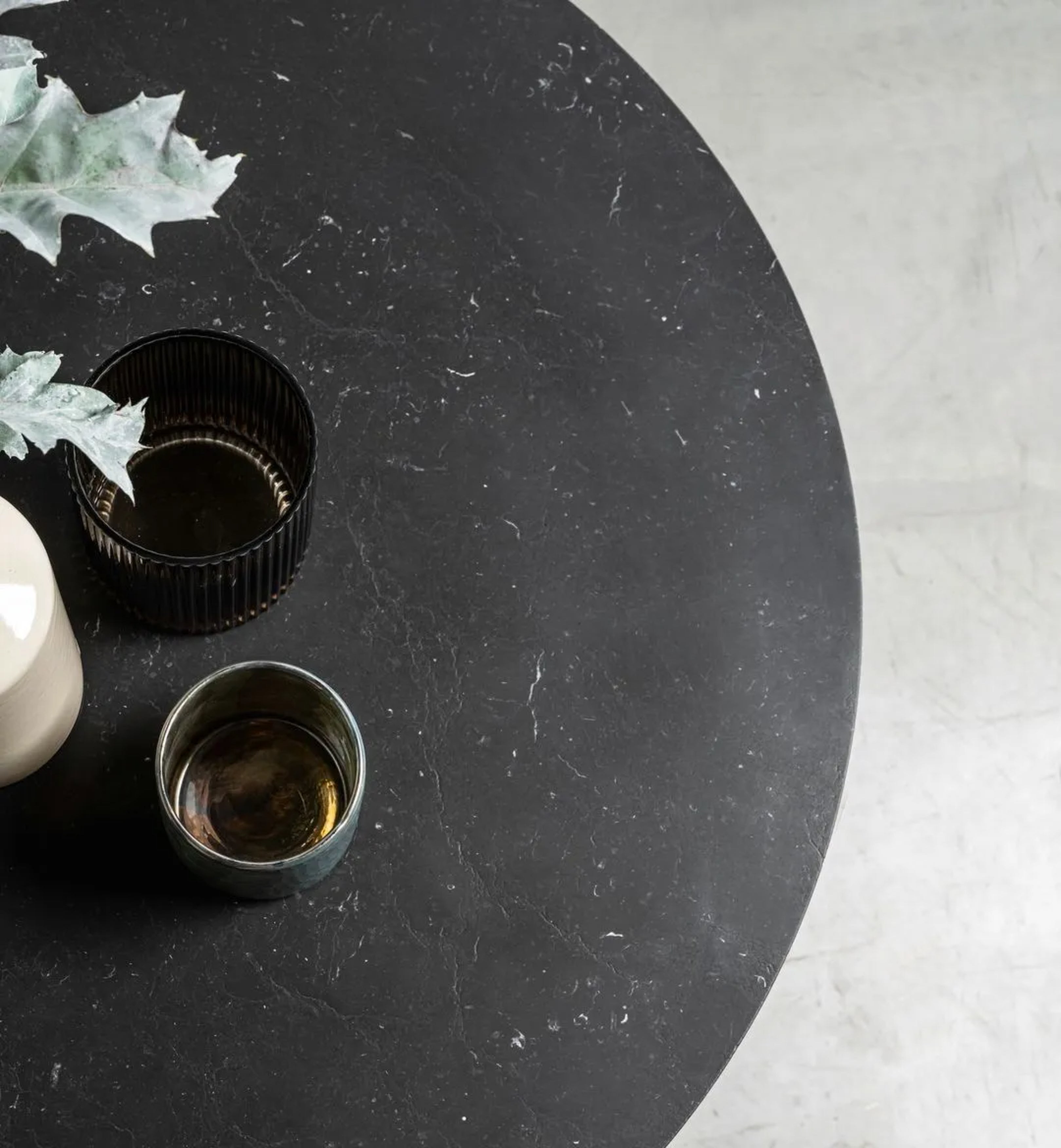 Round MOON Table with Brushed Marble Top and Black Steel Base