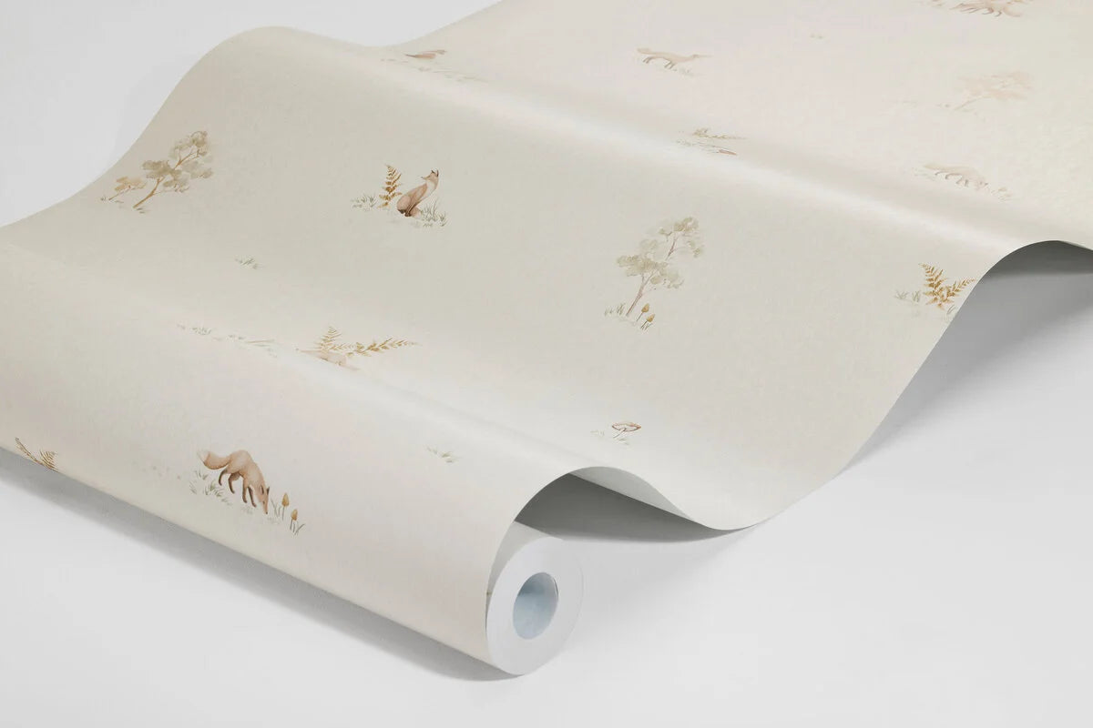 Tapete mit Pflanzen- und Tiermotiv LITTLE FOX hellbeige