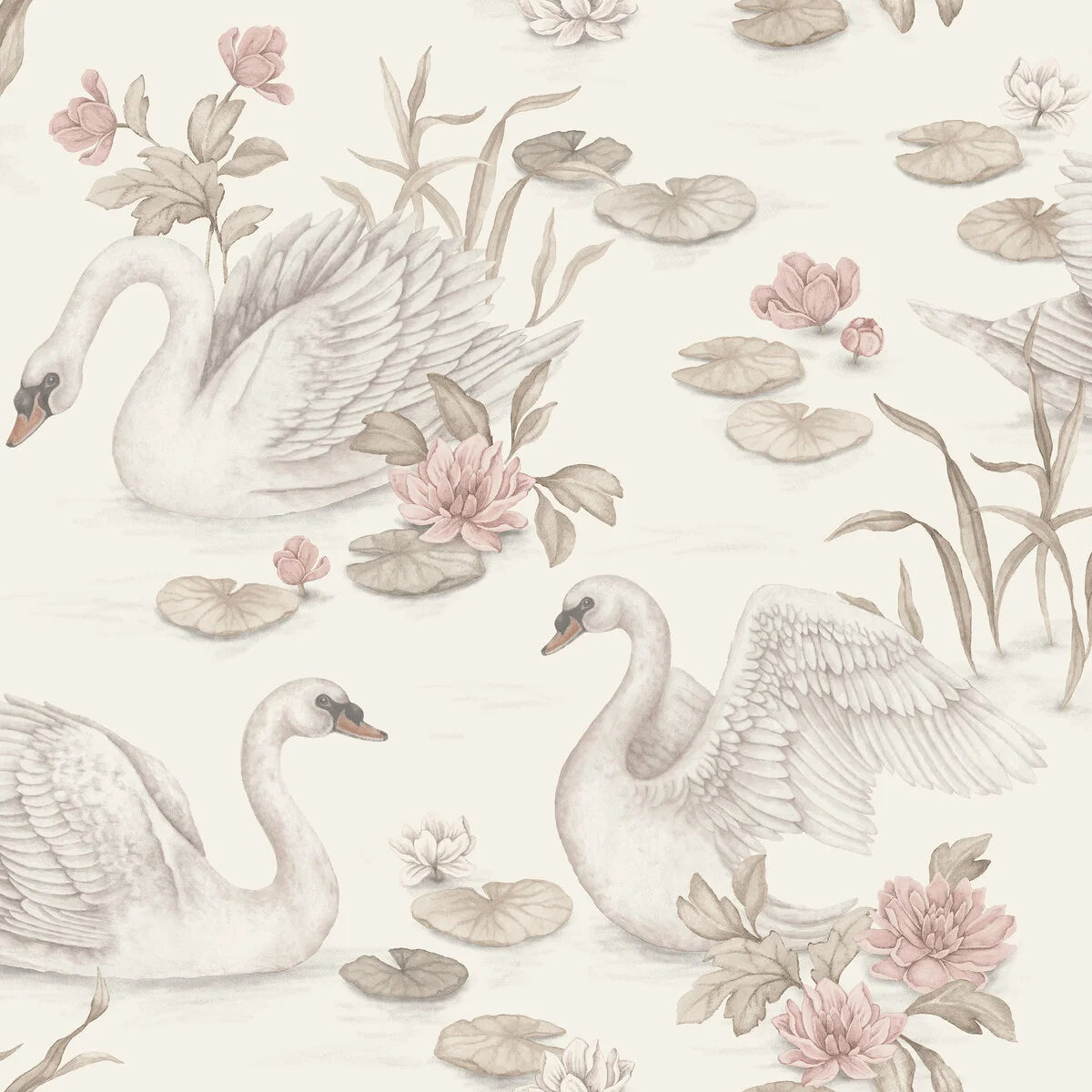 Kinder-Tapete mit Pflanzen- und Tiermotiv LILY SWAN cremefarben