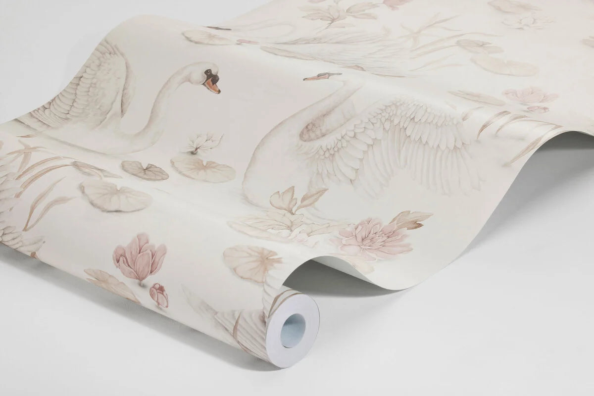 Kinder-Tapete mit Pflanzen- und Tiermotiv LILY SWAN cremefarben