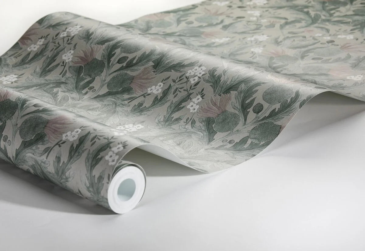 Tapete mit pflanzlichem Blattmuster THISTLE, gedämpftes Grün mit Rosa und Beige