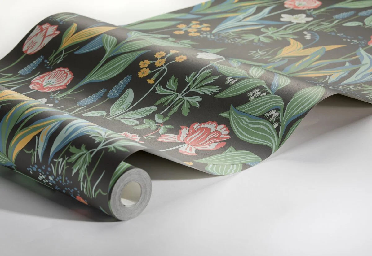 Spring Garden Floral Pattern Wallpaper in Brown and Green