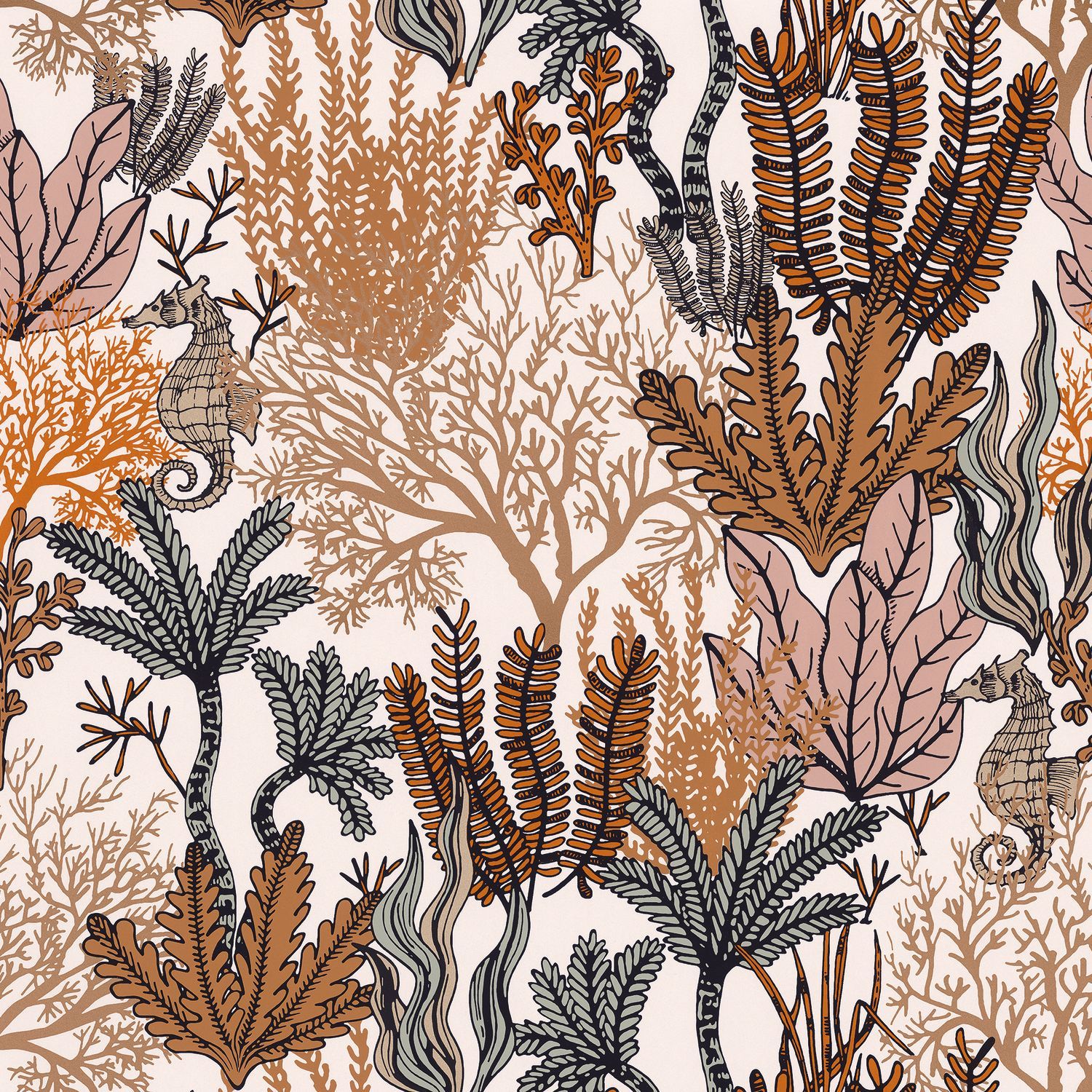 Sea Plant Motif Wallpaper POSIDONIE - TARRACOTTA terracotta