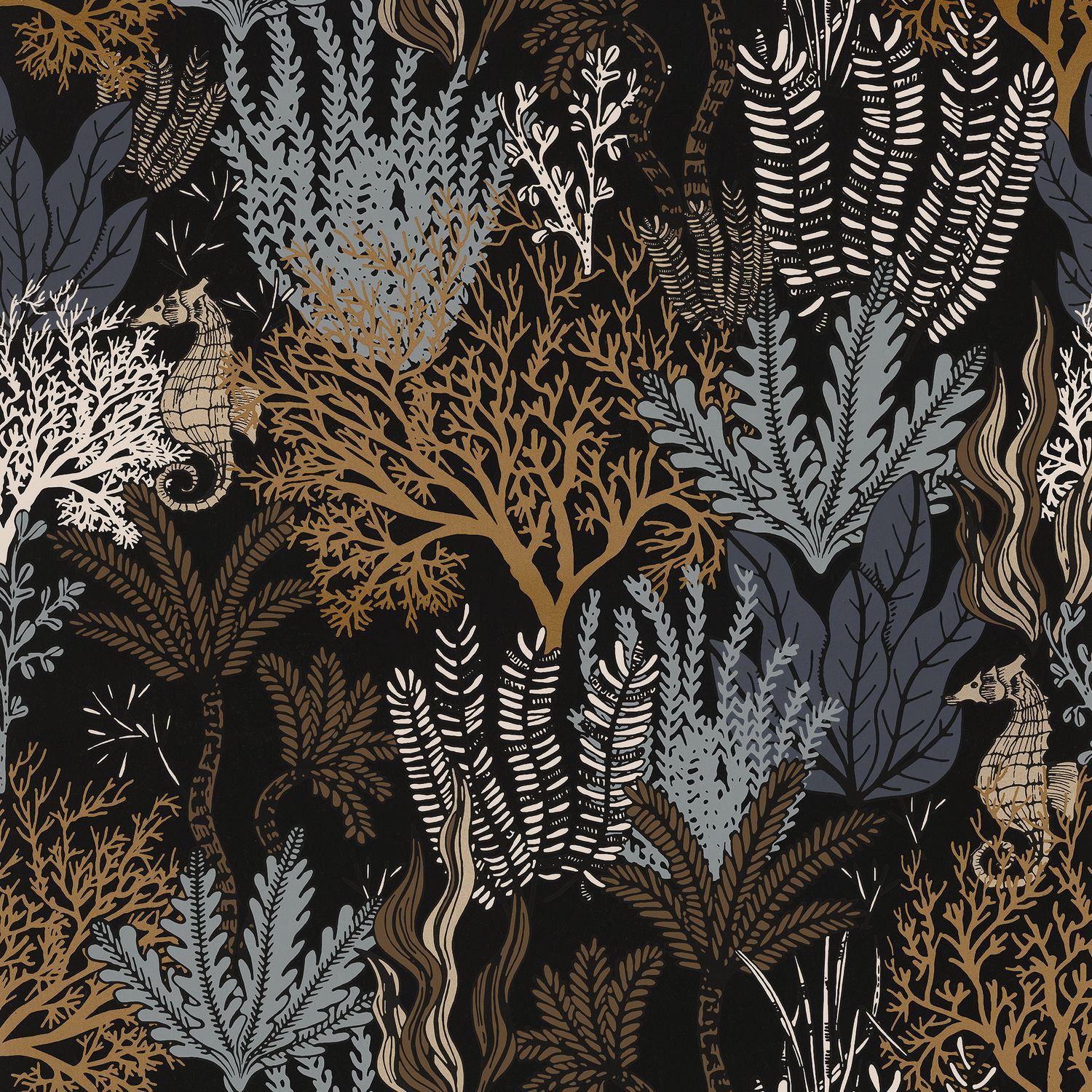 Marine Plant Motif Wallpaper POSIDONIE - NOIR Black with Blue
