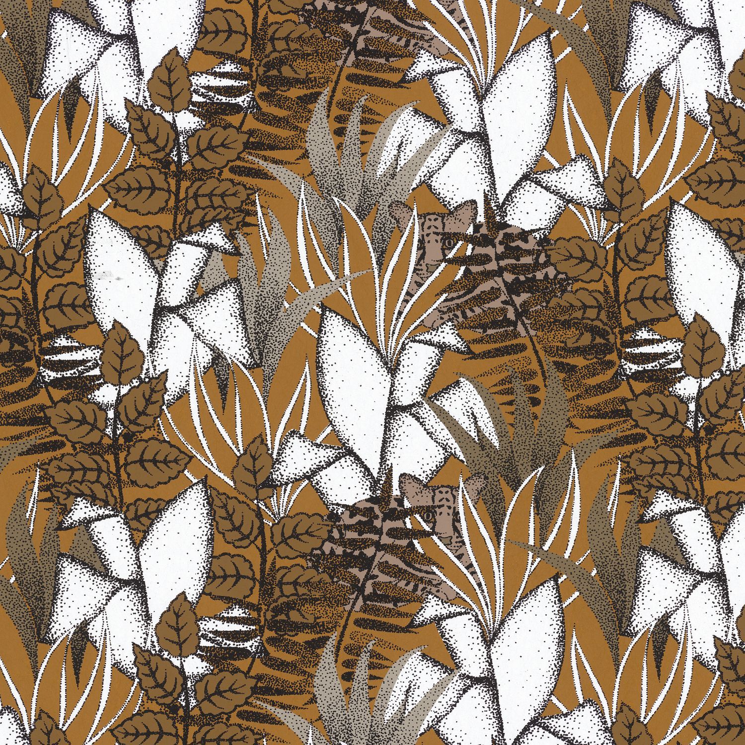 Structural wallpaper with a jungle plant motif TIGRIS - SAVANE orange with white