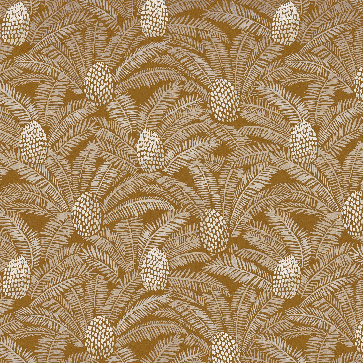Structural wallpaper with a plant motif PALMETA - MUSTARD yellow with white