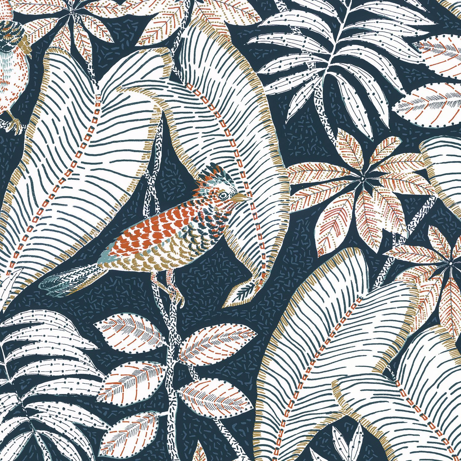 Structural wallpaper with a palm leaf plant motif SIBIA - MARINE navy blue with white