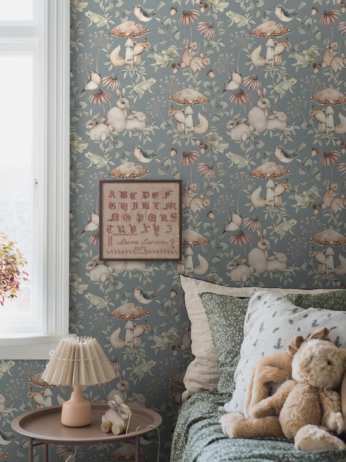 Kinder-Tapete mit Tiermotiv MINOU, gedämpftes Blau