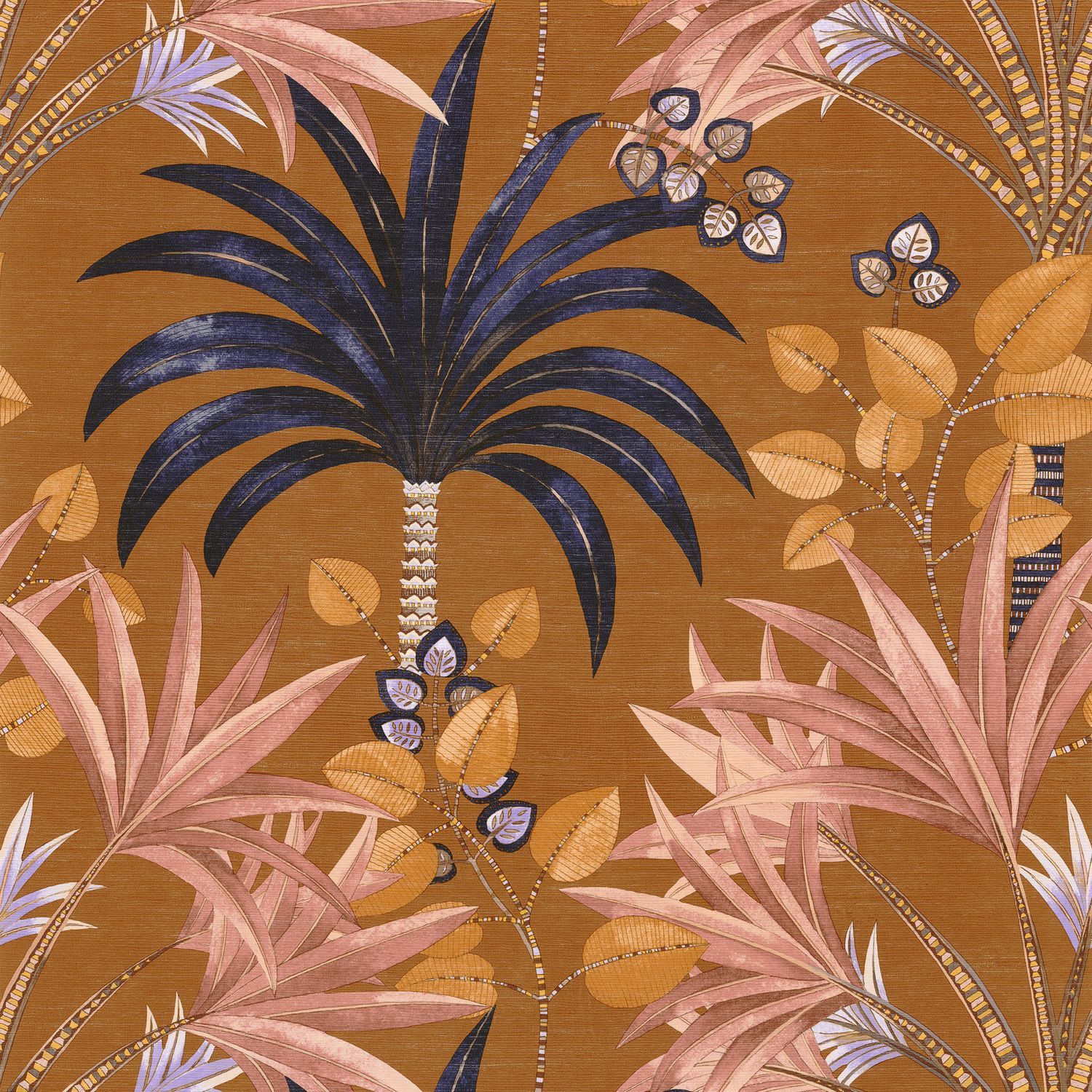 Structural wallpaper with a palm plant motif MIRISSA - AMBRE/BLUSH amber with pink