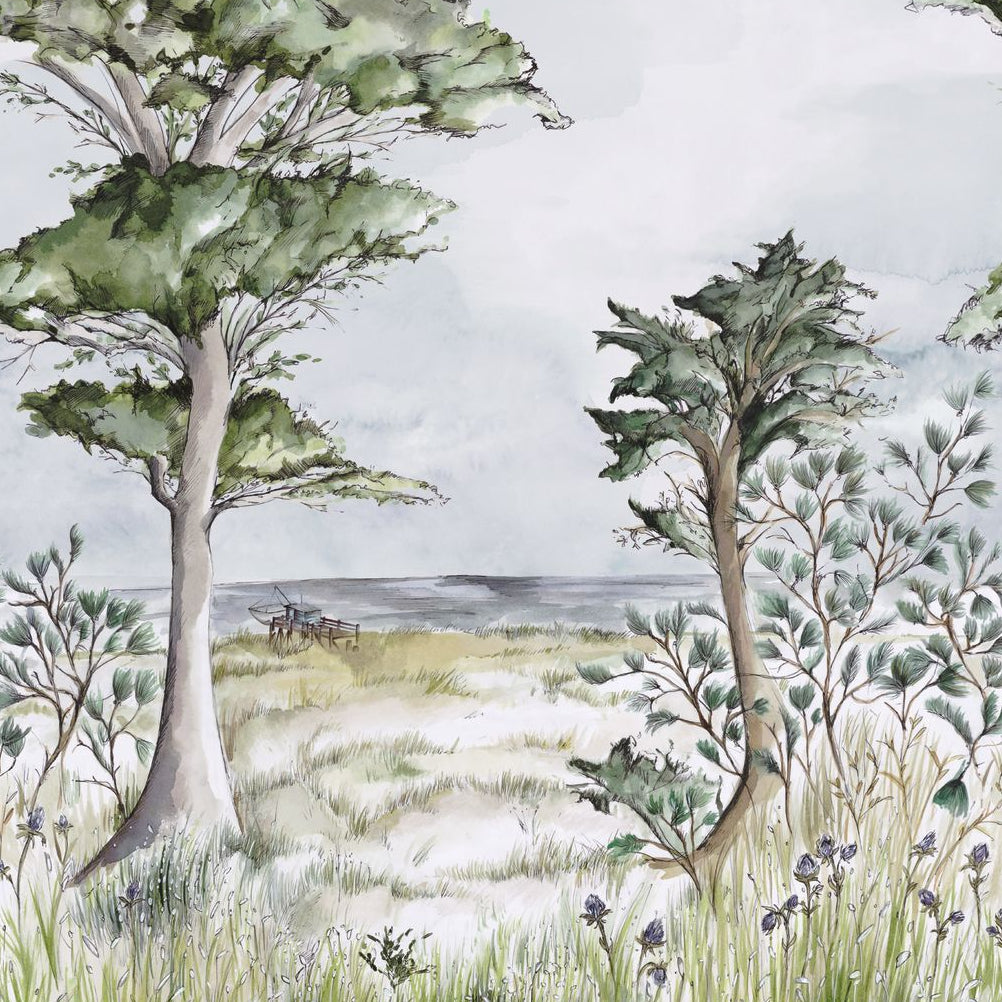 Mural with a coastal plant landscape PORNIC INT - CYPRES/CIEL muted green with blue