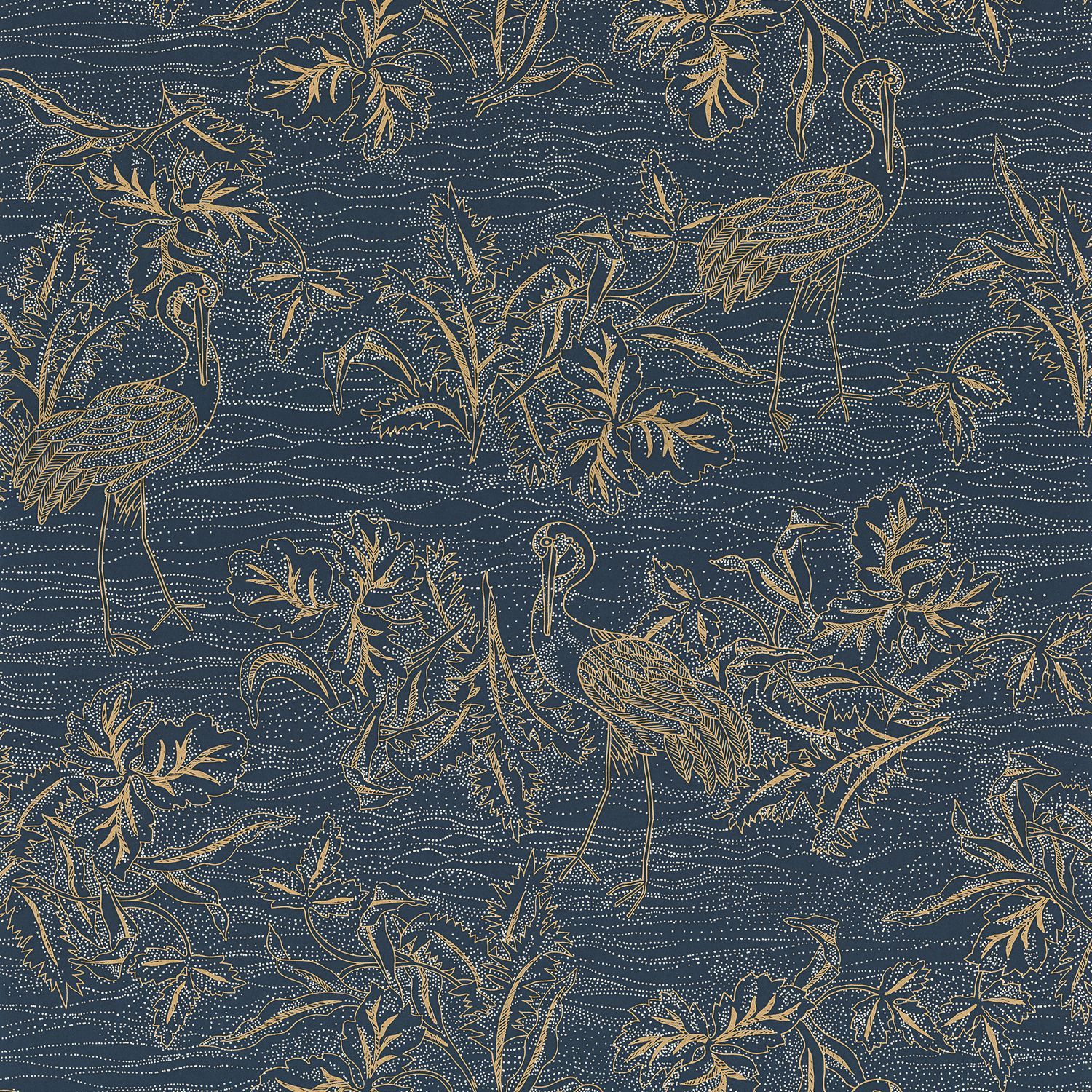 Structural wallpaper with a plant and animal motif MIRADOR - MARINE DORE navy blue with gold