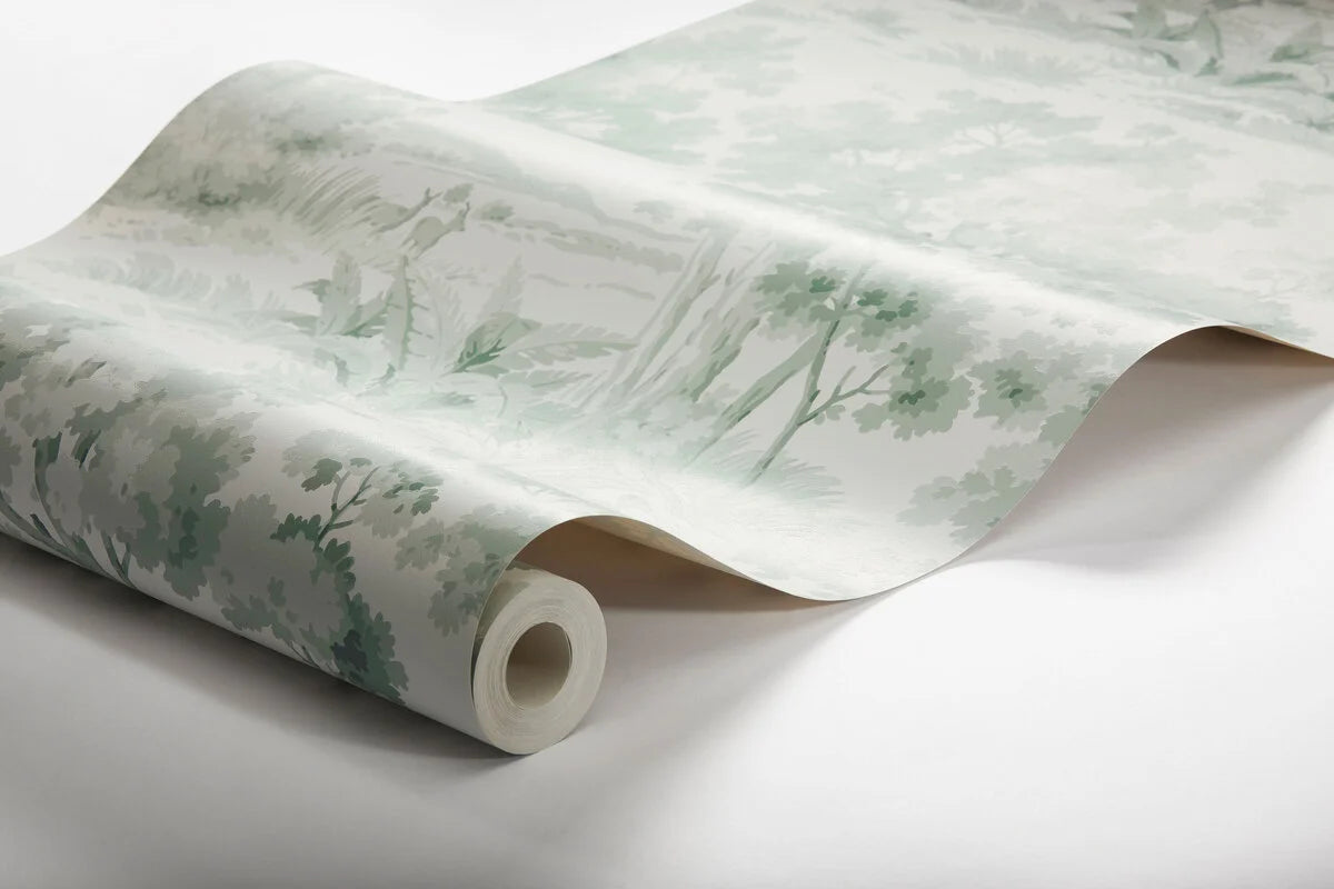 Non-woven paper wallpaper with a botanical pattern COUNTRYSIDE MORNING beige with green