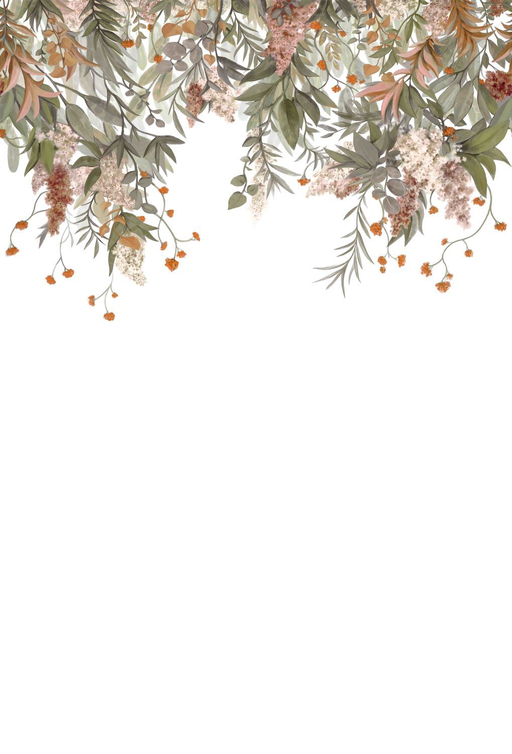 Mural with a plant motif of WISTERIA leaves in green and powder pink