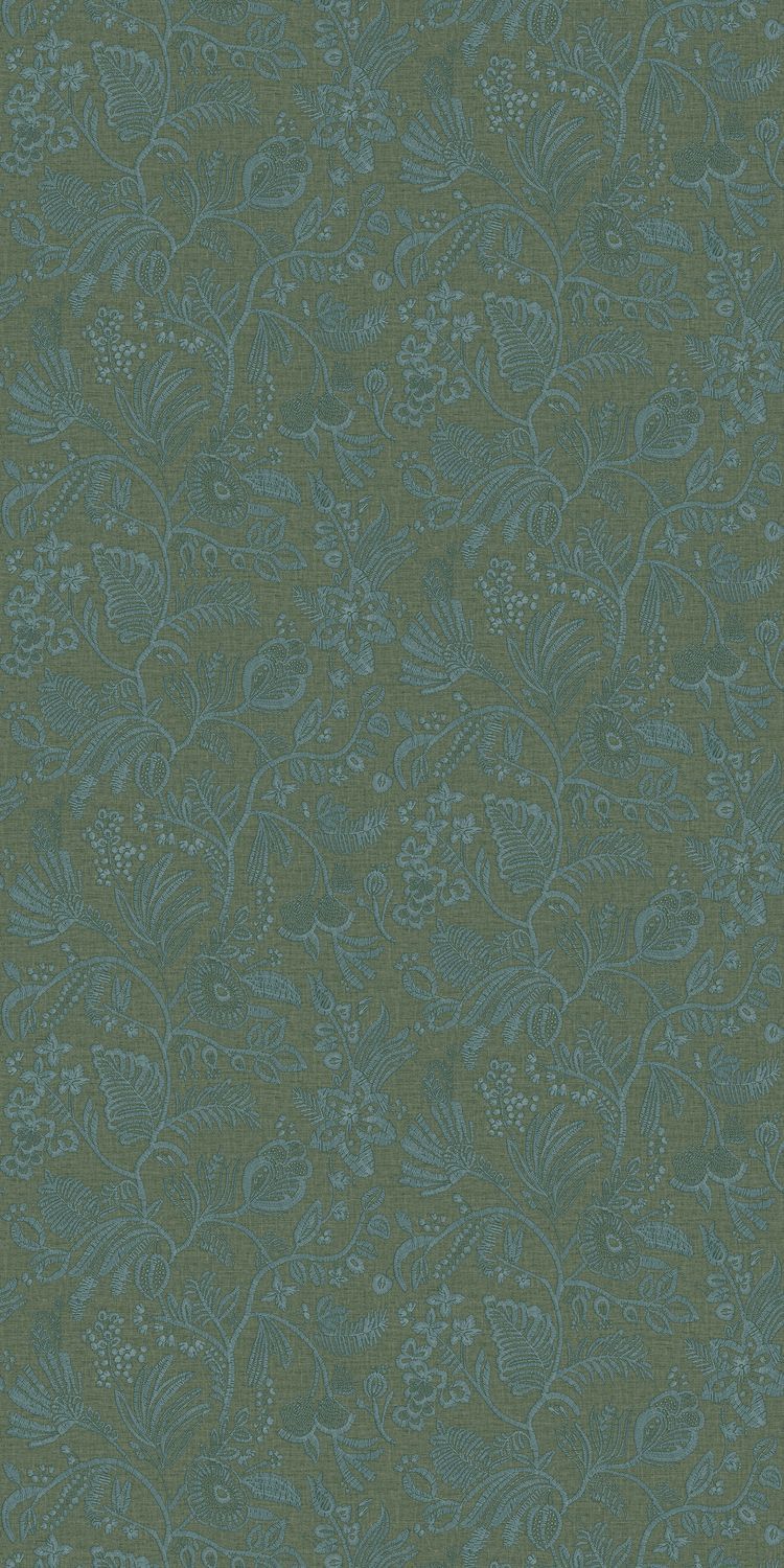 Strukturierte Tapete, die Stickerei mit floralem Motiv von Blumen und Blättern im PASTEL-Grün mit Blau imitiert