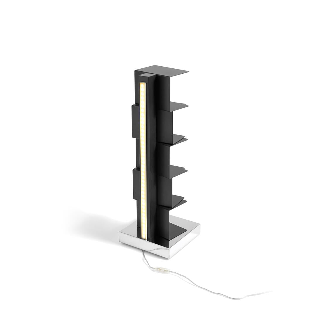 Illuminated shelf PTOLOMEO LUCE black with a steel base