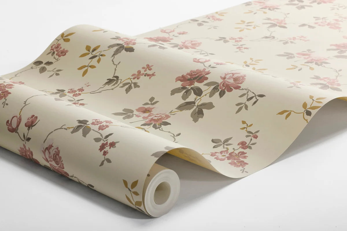Non-woven paper wallpaper with a floral pattern VÄRMDÖ beige with pink