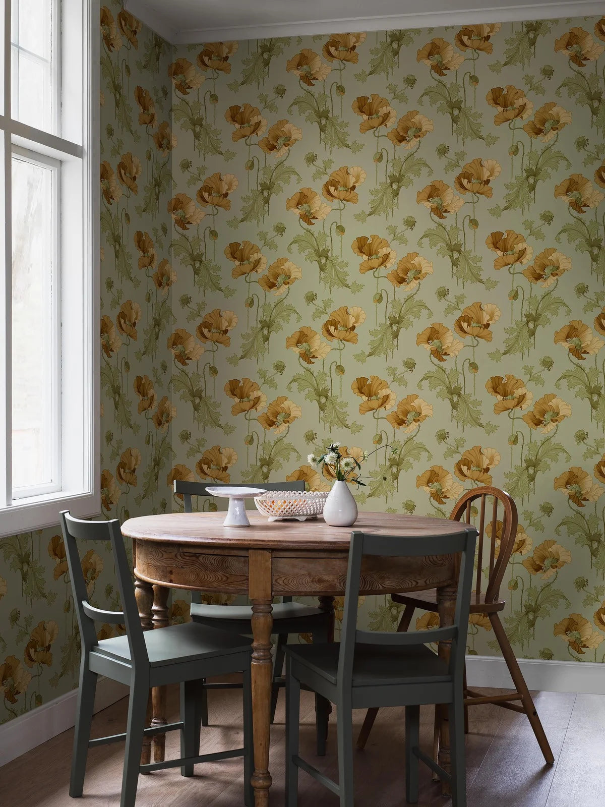 Non-woven paper wallpaper with a floral pattern VALLMO light green with yellow