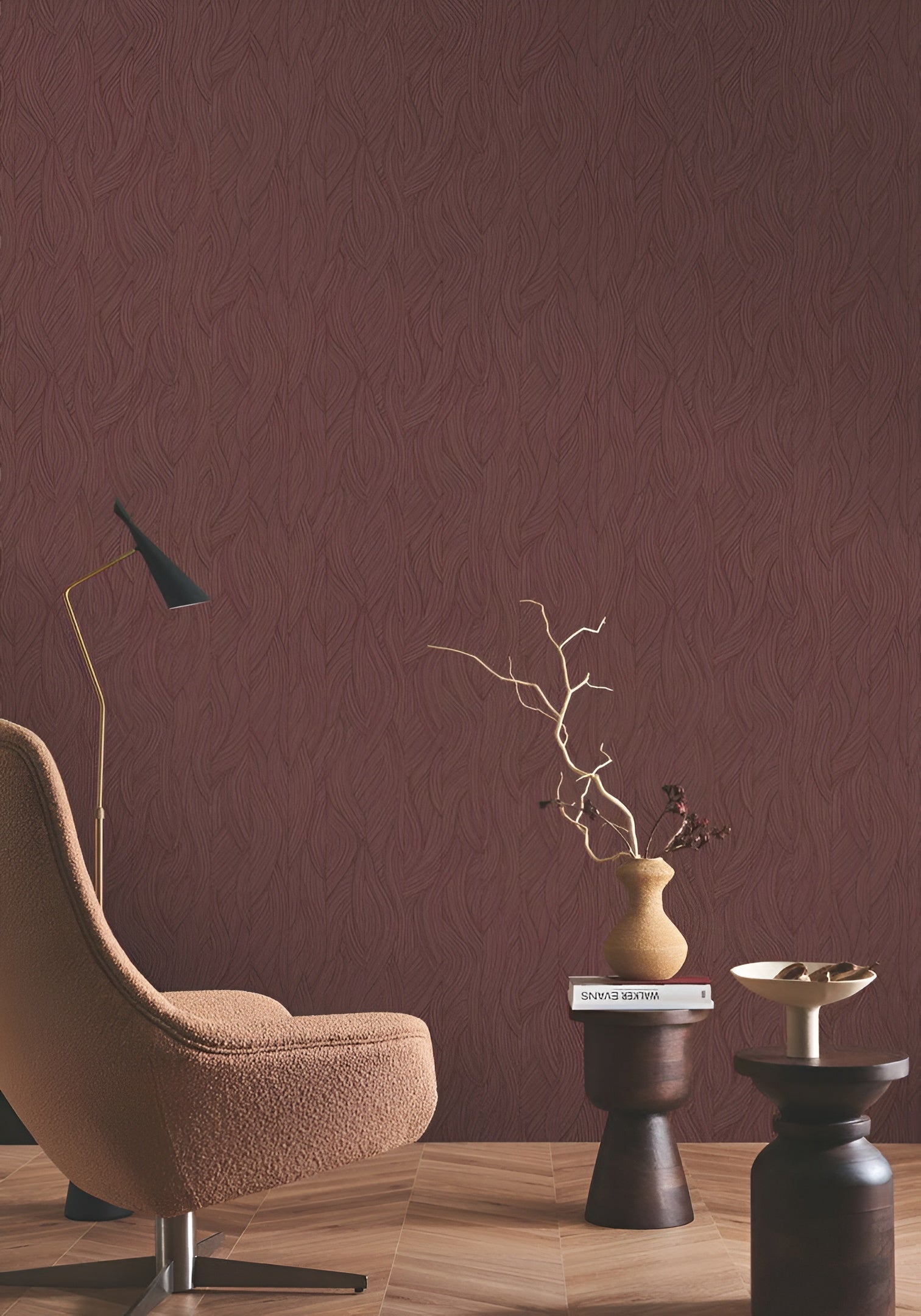 Structural wallpaper with an abstract wavy pattern JASSINE - PRUNE burgundy