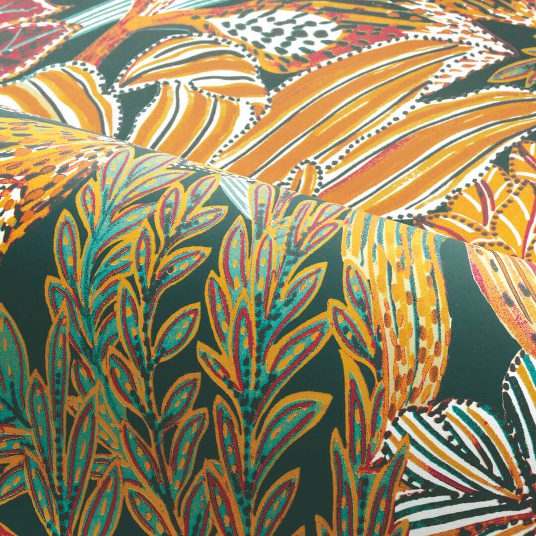 Tapete mit tropischem Pflanzenmotiv BORROMMEE - PÉTROLE/MULTICO türkis mit grün