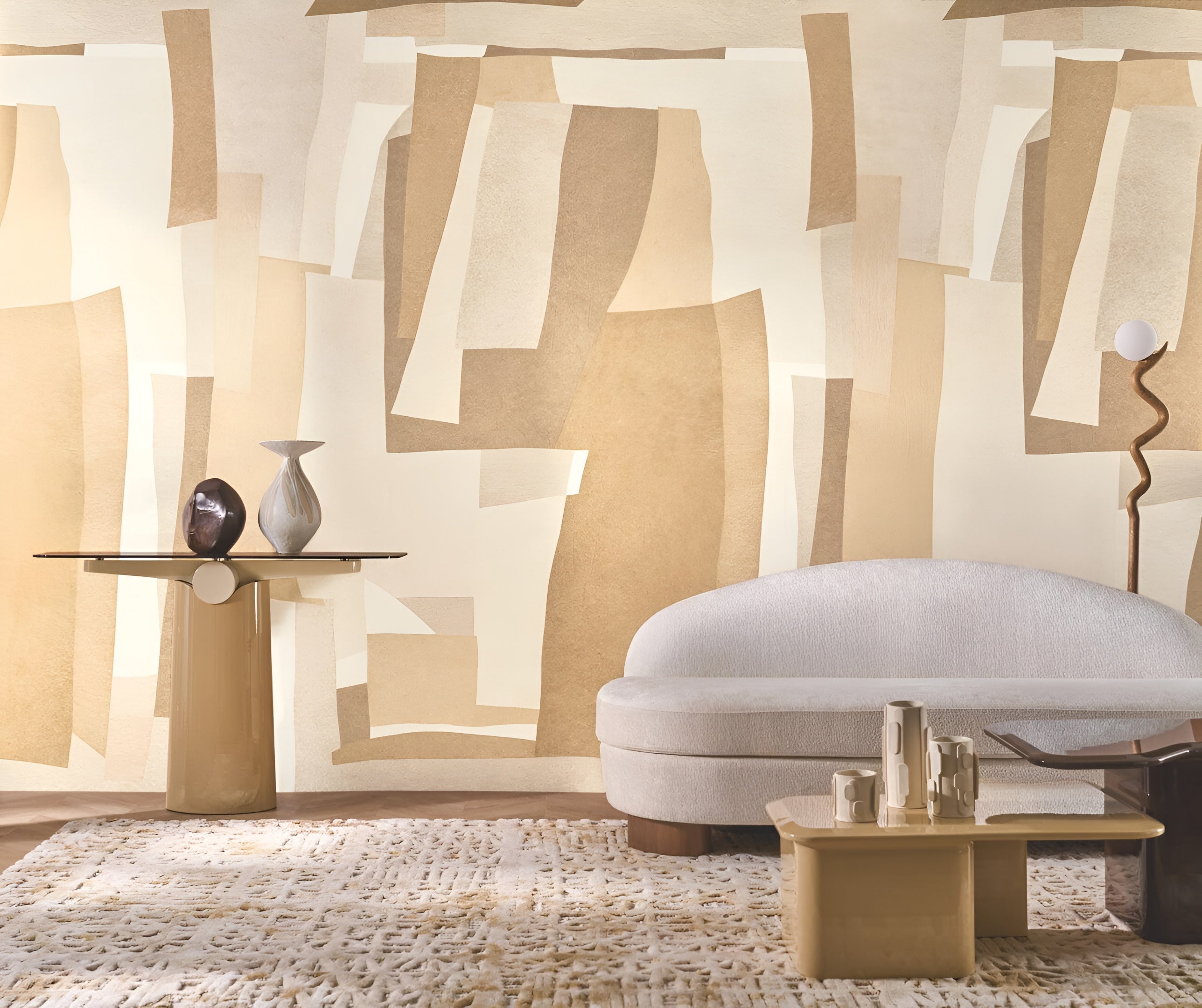 Textile mural with abstract motif VERNISSAGE - SABLE CAMEL beige