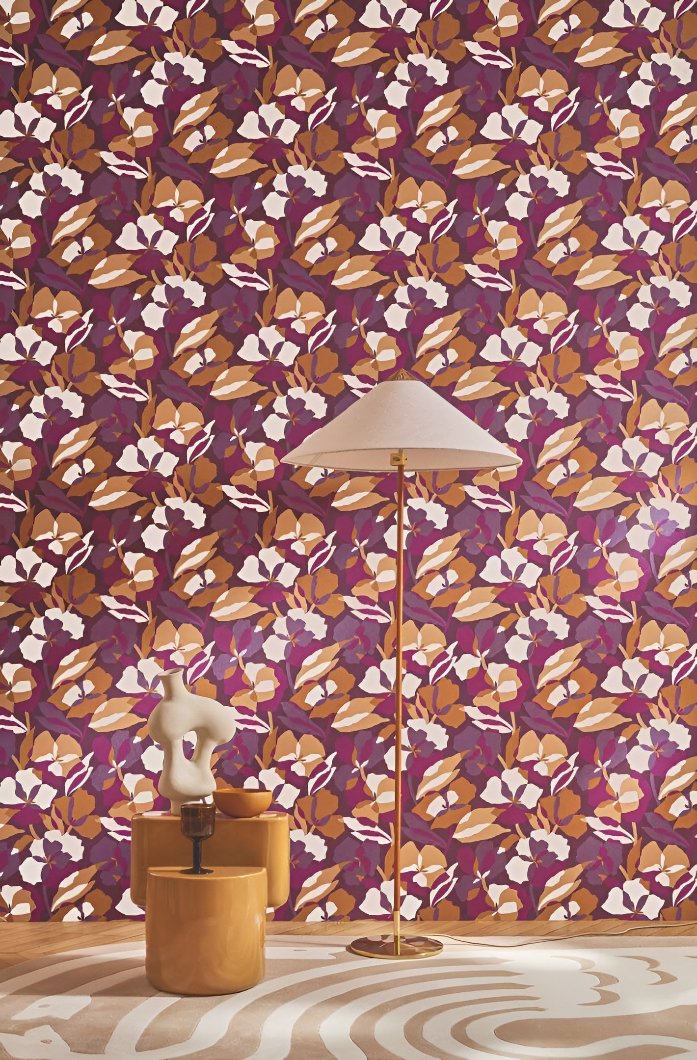 Amaryllis Floral Pattern Wallpaper - Purple/Amber in Purple and Beige