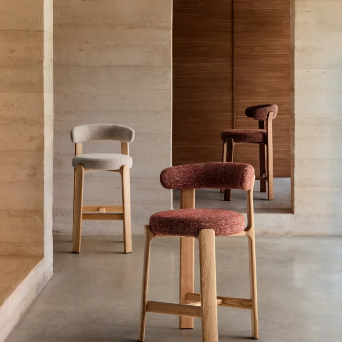 GRANITE red chenille stool with an ash base