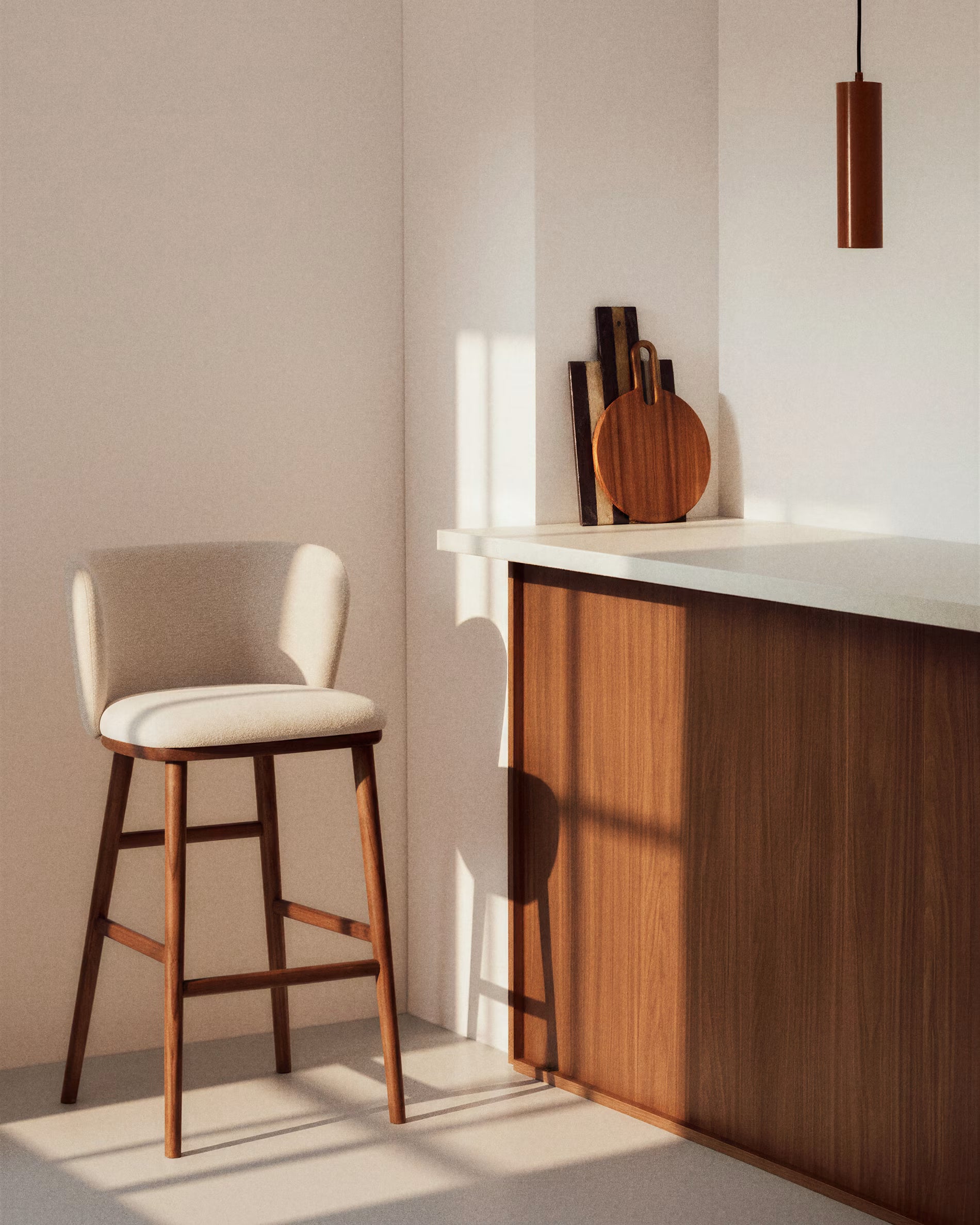 Barhocker CISELIA beige Chenille mit dunklem Eschenfuß