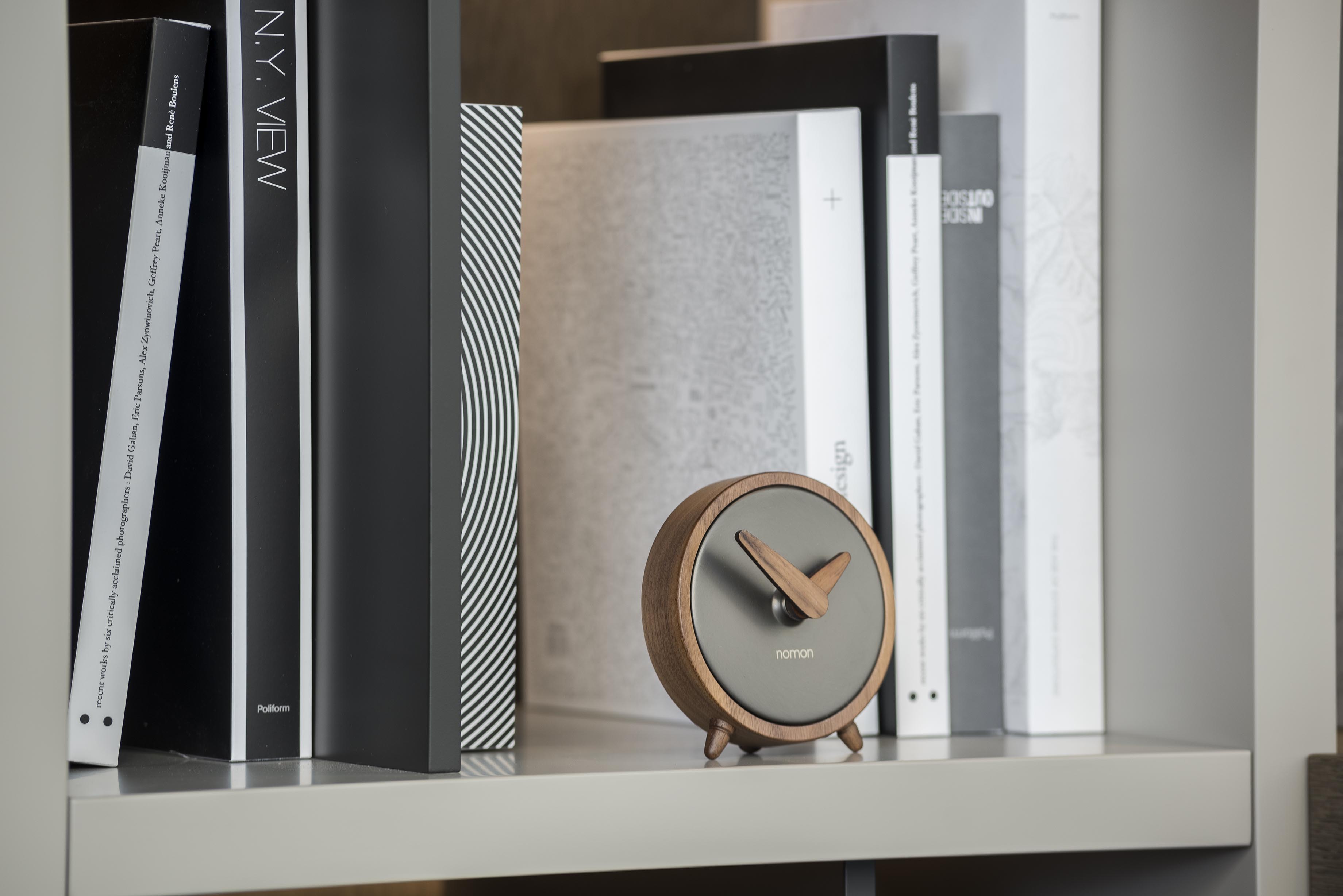 ATOMO table clock walnut wood with graphite finish