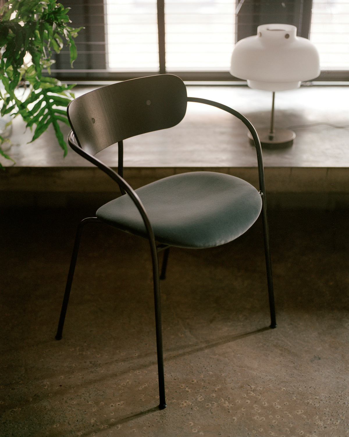Stuhl PAVILION AV4 aus lackierter Eiche mit gepolsterter Sitzfläche und schwarzem Gestell