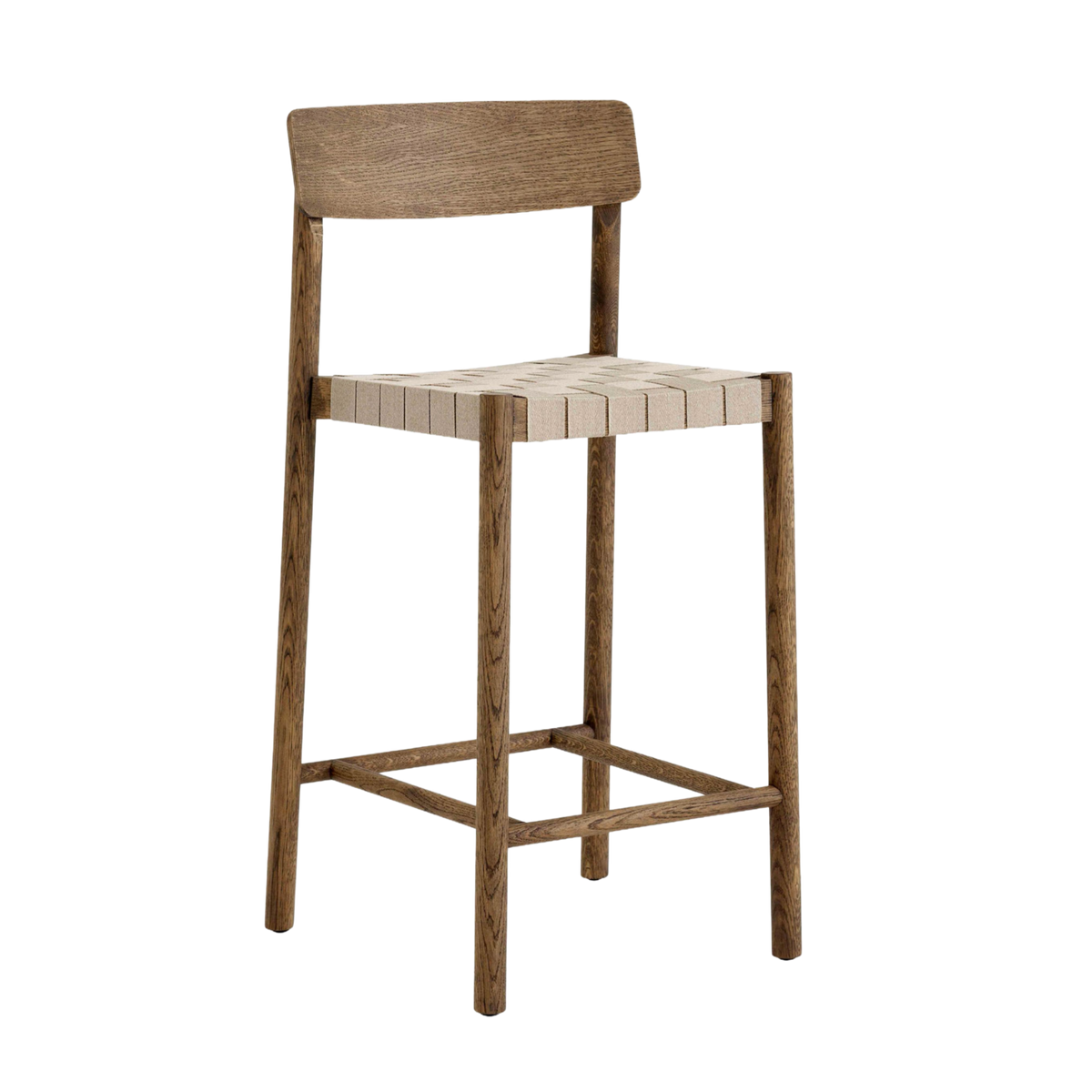 Hocker BETTY mit beigem, gewebtem Sitz aus rauchgeöltem Eichenholz