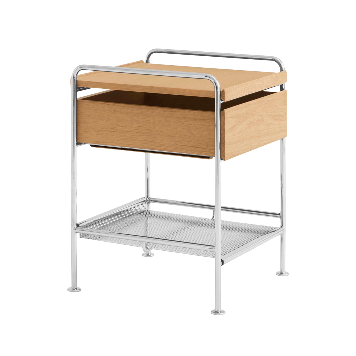 Nachttisch ALIMA NDS3 verchromt mit Eichenholz