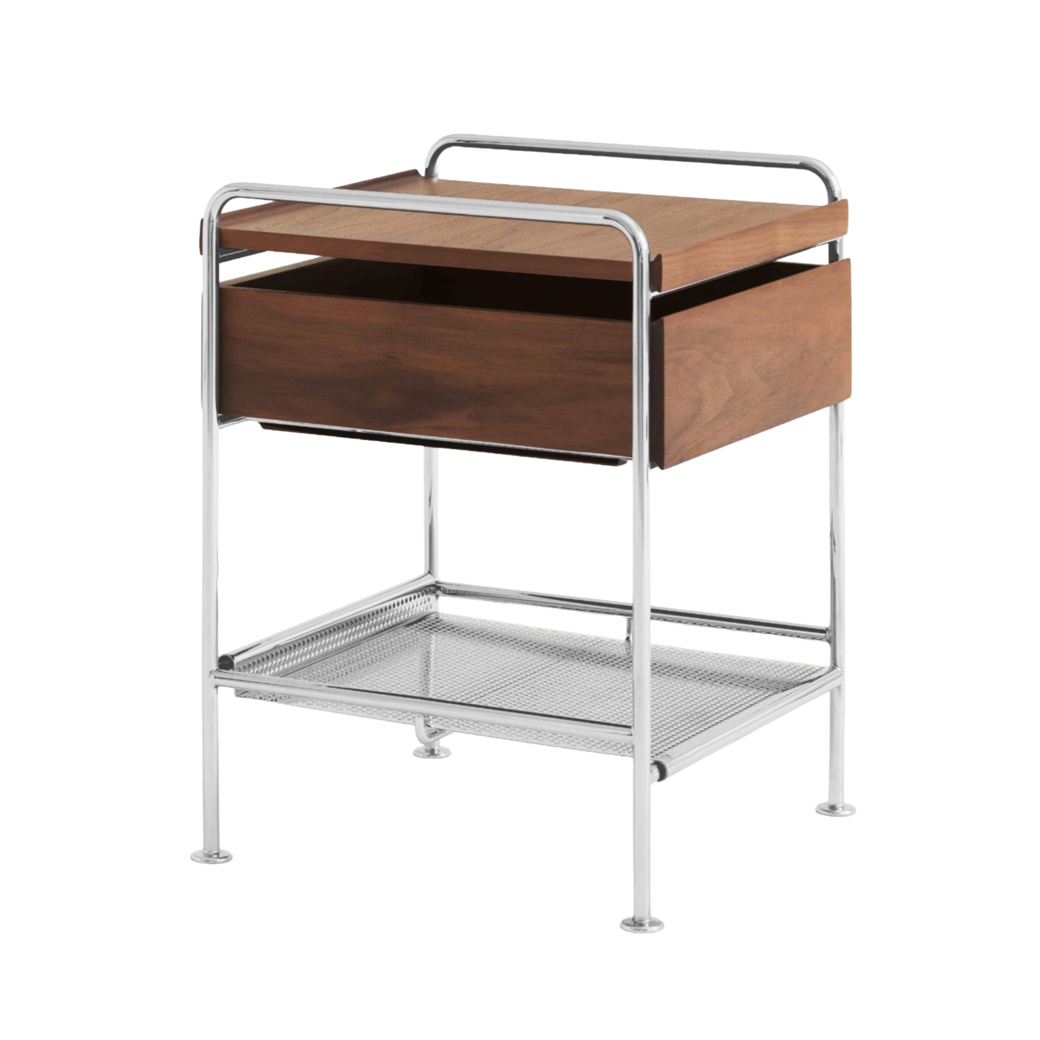 Nachttisch ALIMA NDS3 verchromt mit Nussbaumholz