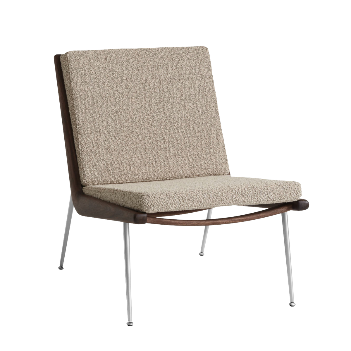 Sessel BOOMERANG HM1 mit gepolstertem Nussbaumrahmen und Stahlbasis