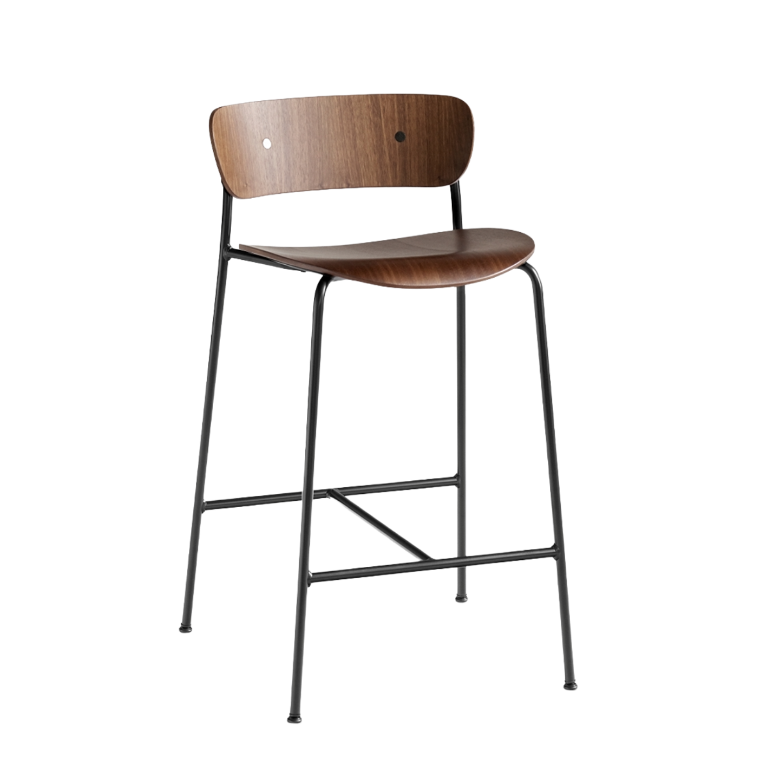 Hocker mit Rückenlehne PAVILION lackierte Nuss mit schwarzem Stahlgestell