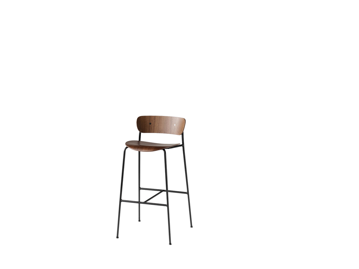 Hocker mit Rückenlehne PAVILION lackierte Nuss mit schwarzem Stahlgestell